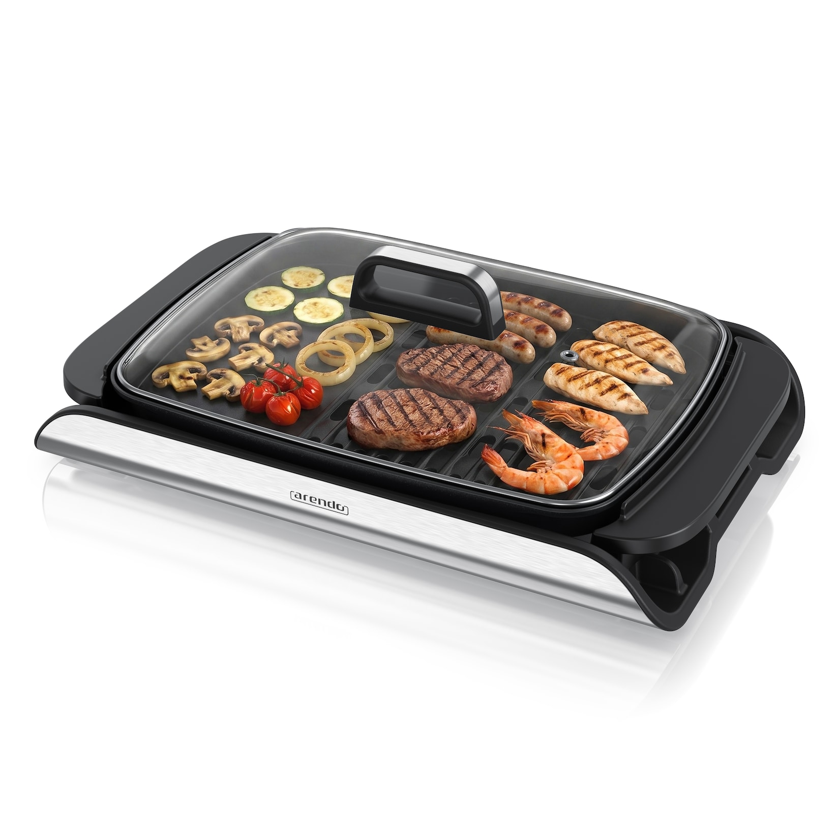 Arendo Tischgrill, Elektrogrill, Glasdeckel, Edelstahl, extrastark, Antihaftbeschichtet, schwarz