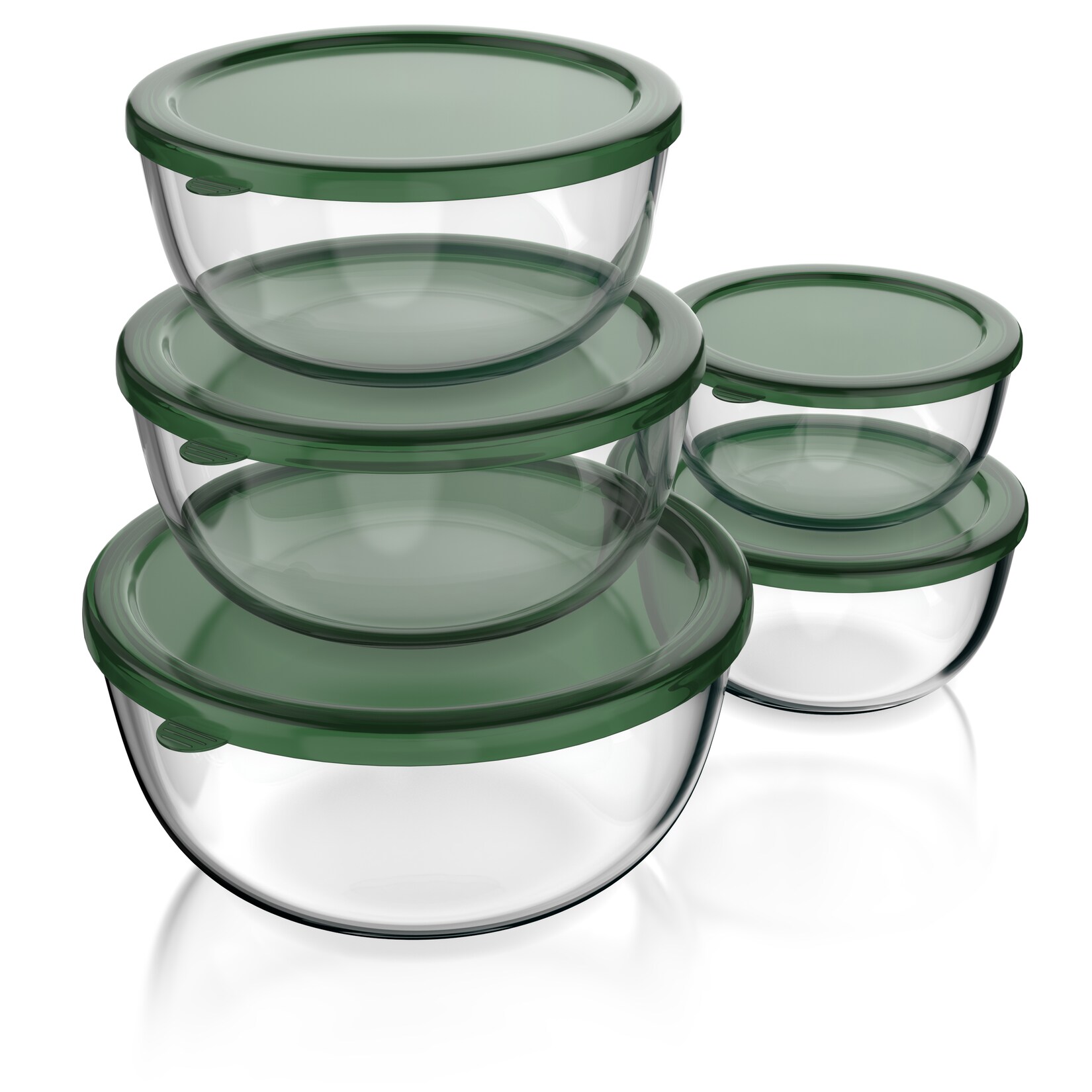 Arendo Salatschüssel, 5x Glasschüsseln + Deckel 1L, 1,5L, 2L, 2,7L & 4,4L, Glas Rührschüssel, transparent/grün