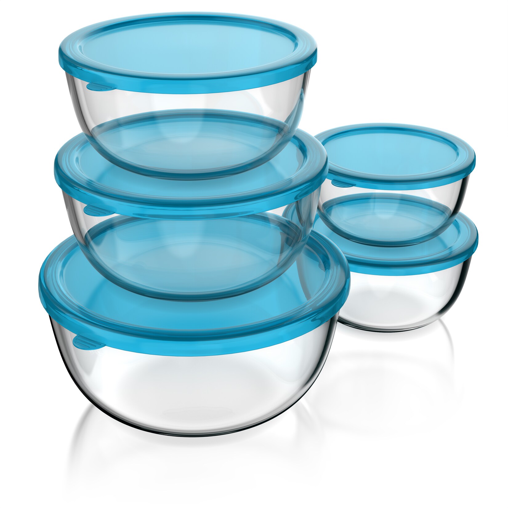 Arendo Salatschüssel, 5x Glasschüsseln + Deckel 1L, 1,5L, 2L, 2,7L & 4,4L, Glas Rührschüssel, transparent/blau