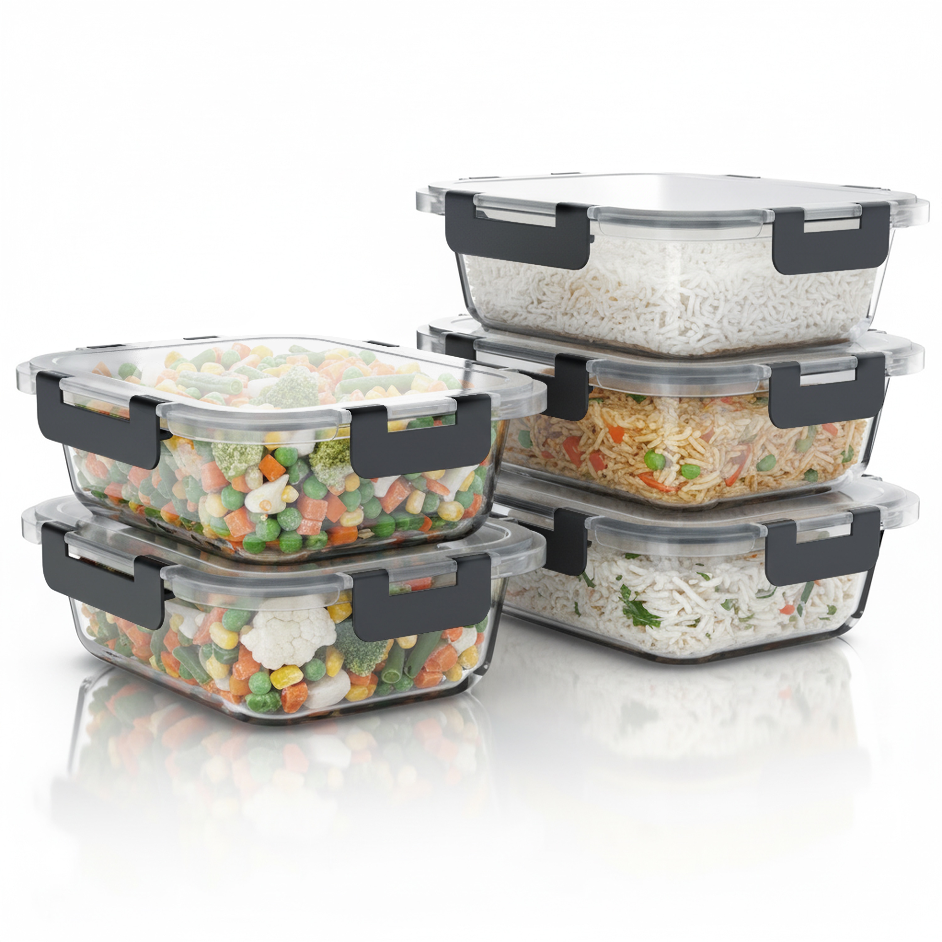 Arendo Frischhaltedose, mit Deckel 5er Set, Vorratsdosen, Glas-Lunchboxen, auslaufsicher, transparent/schwarz 