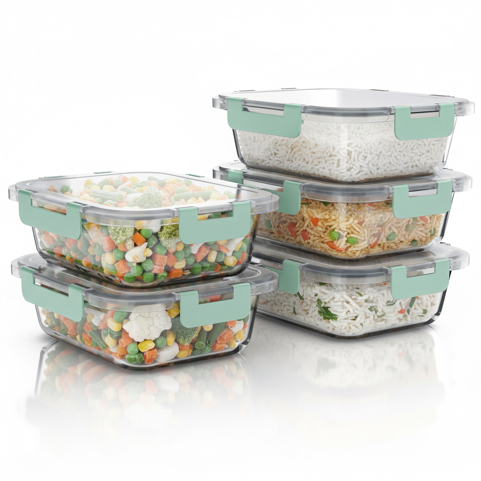 Arendo Frischhaltedose, mit Deckel 5er Set, Vorratsdosen, Glas-Lunchboxen, auslaufsicher, transparent/mint