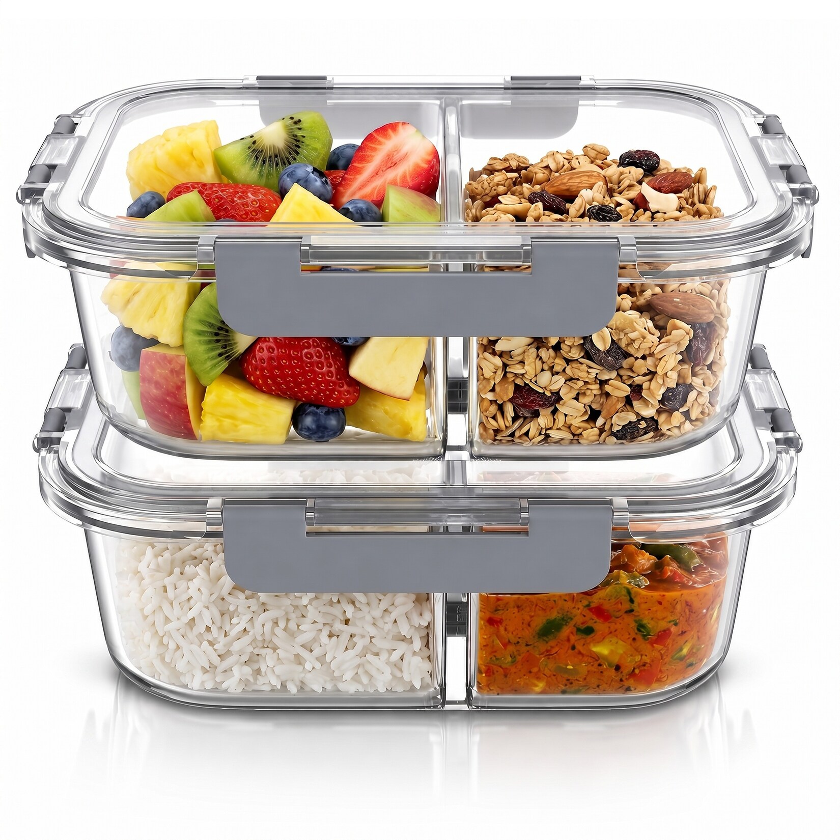 Arendo Frischhaltedose, 2er Set Glas Vorratsdosen, 2 Fächer, Lunchboxen, auslaufsicher, Deckel, transparent