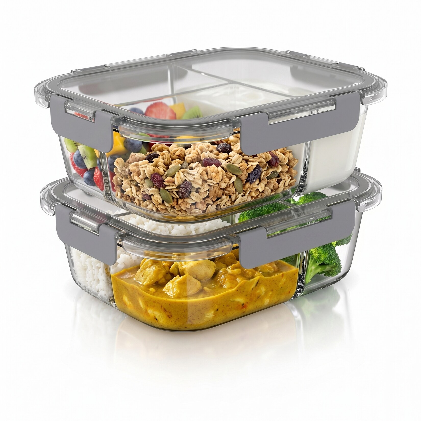 Arendo Frischhaltedose, 2er Set Glas Vorratsdosen, 3 Fächer, Lunchboxen, auslaufsicher, Deckel, transparent