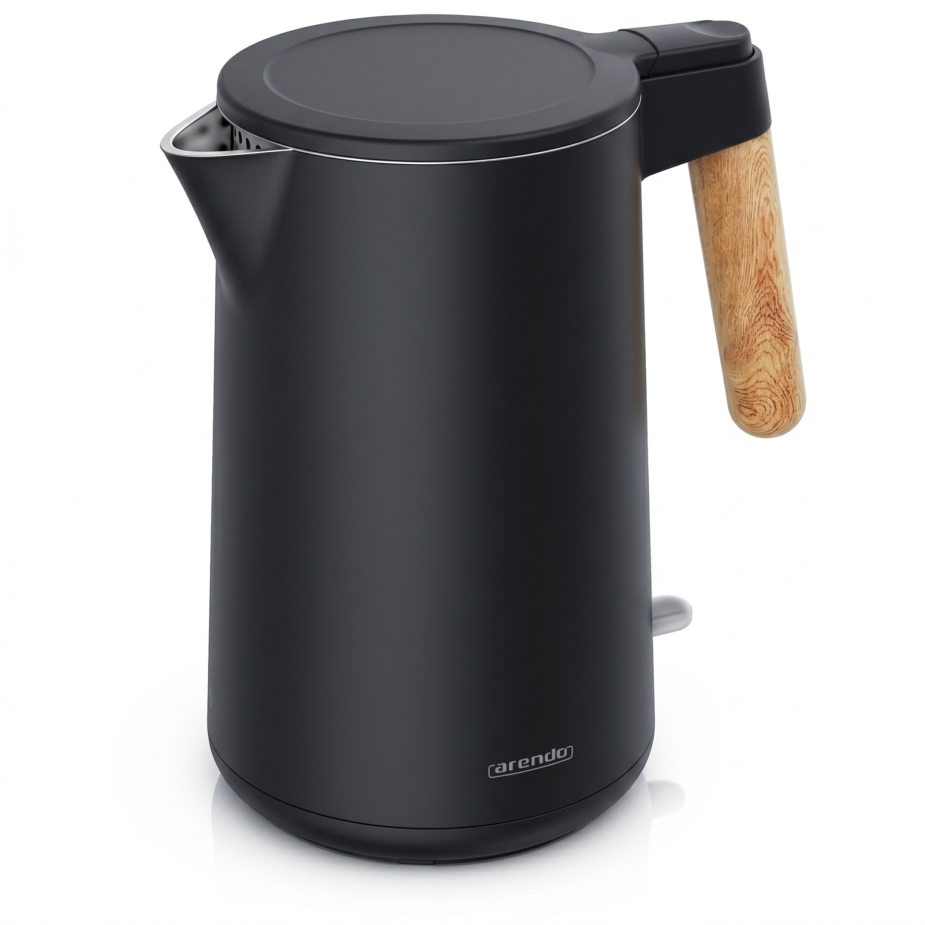 Arendo Wasserkocher 1,5 L, 2200 W, Edelstahl doppelwandig, Cool-Touch, 360&deg;-Basis, heller Holzgriff, schwarz 