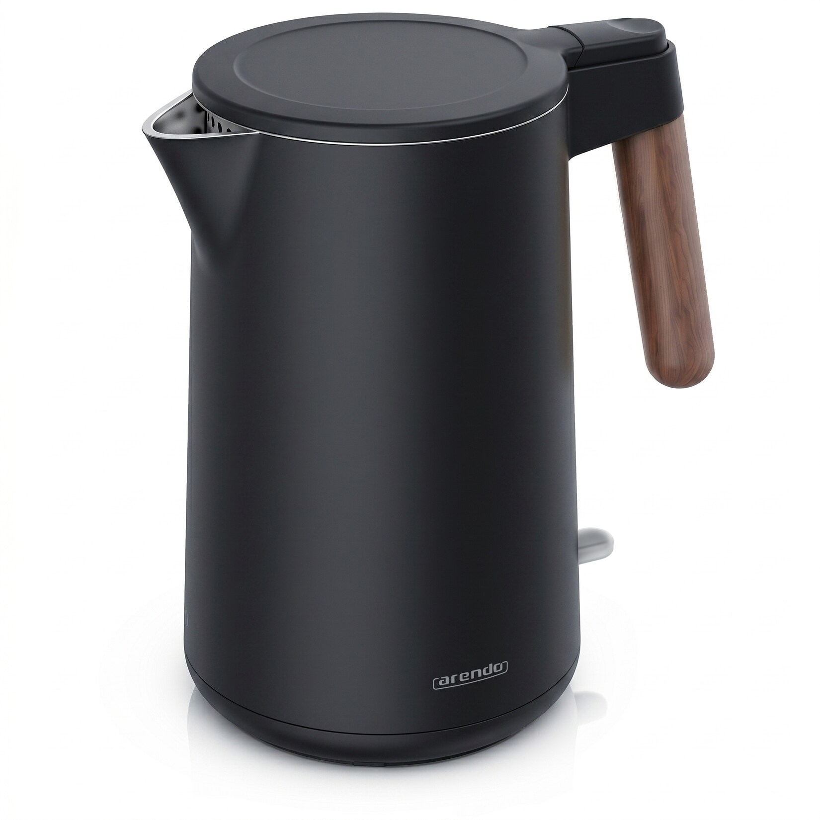 Arendo Wasserkocher 1,5 L, 2200 W, Edelstahl doppelwandig, Cool-Touch, 360°-Basis, dunkler Holzgriff, schwarz