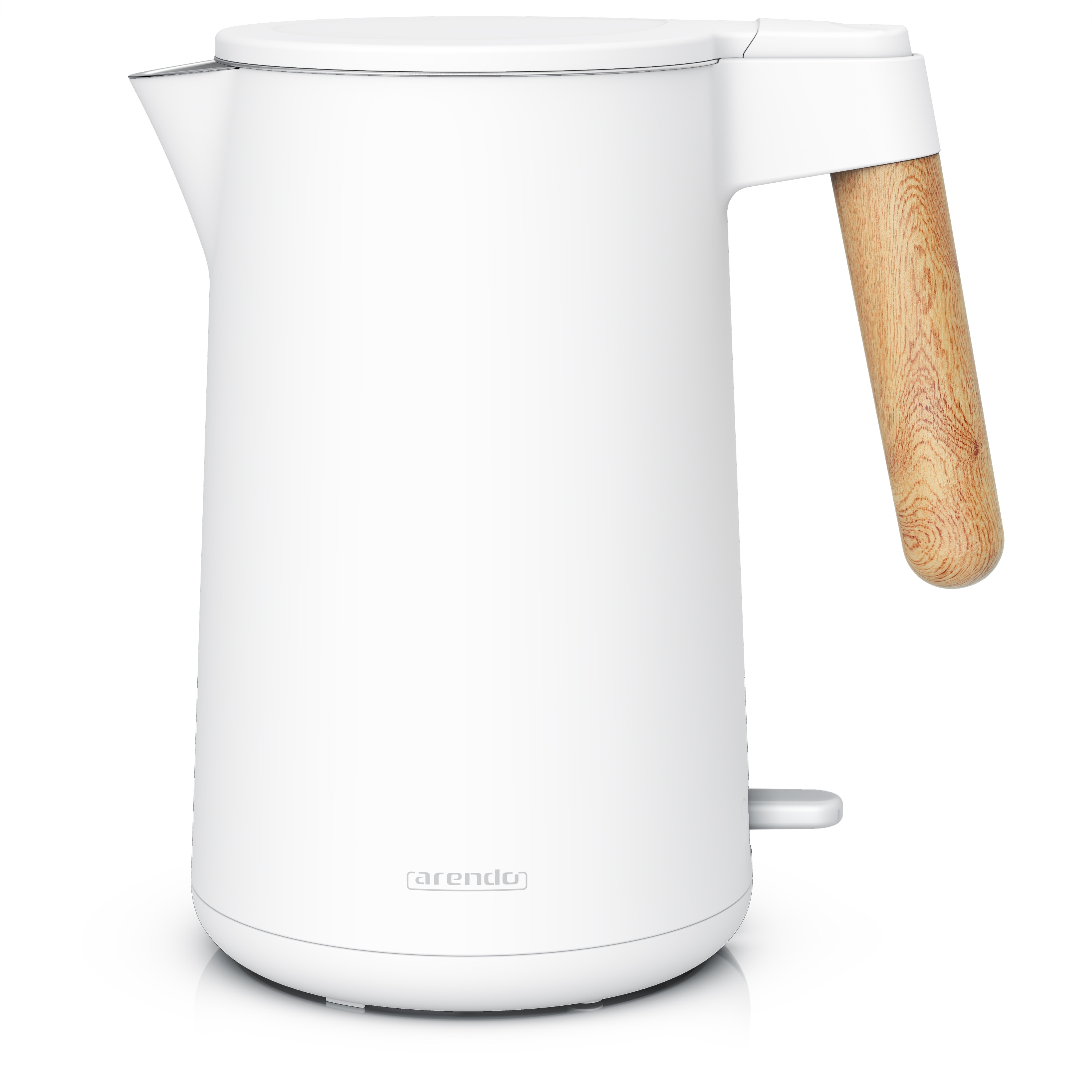 Arendo Wasserkocher 1,5 L, 2200 W, Edelstahl doppelwandig, Cool-Touch, 360&deg;-Basis, heller Holzgriff, wei&szlig; 