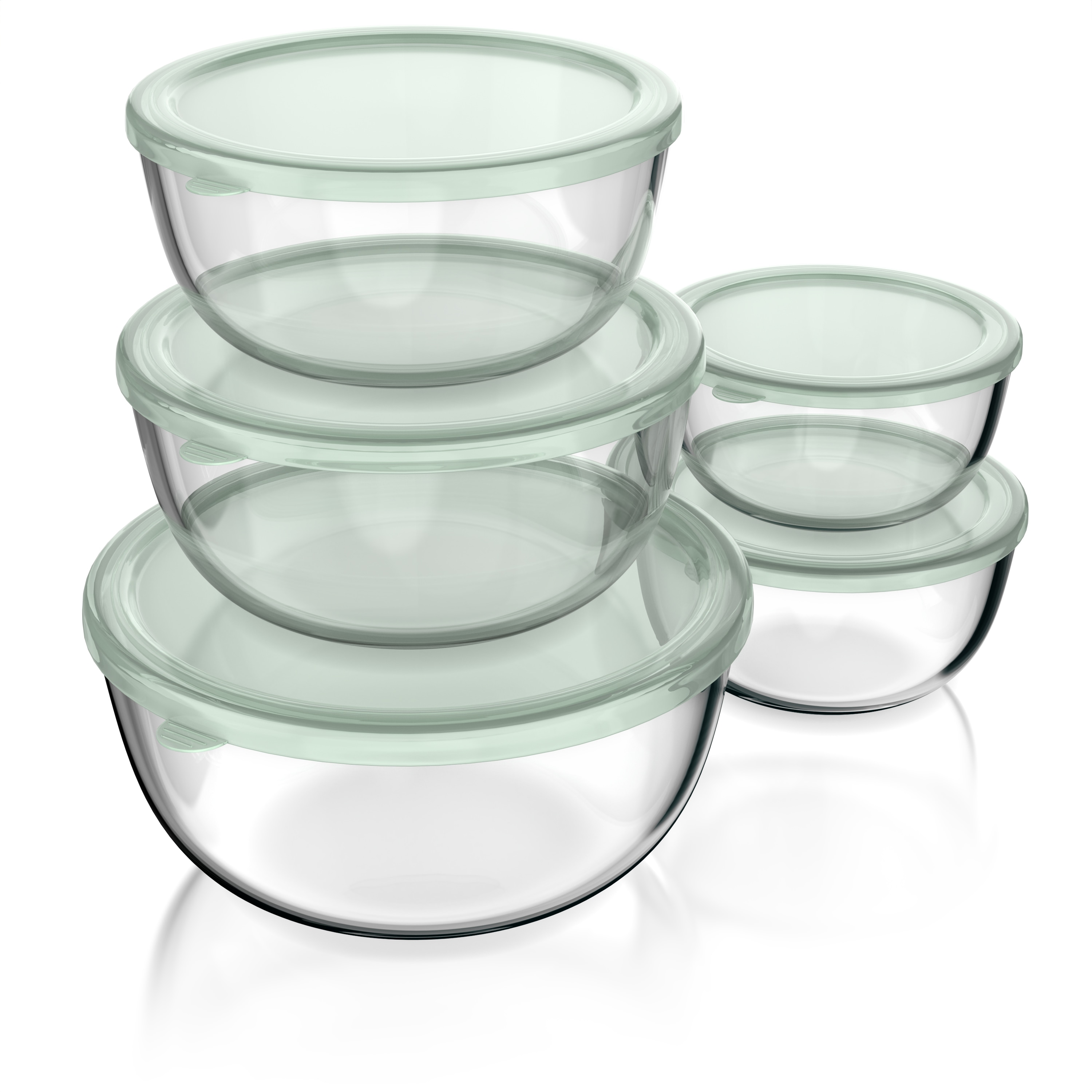 Arendo Salatsch&uuml;ssel, 5x Glassch&uuml;sseln + Deckel 1L, 1,5L, 2L, 2,7L & 4,4L, Glas R&uuml;hrsch&uuml;ssel, transparent/gr&uuml;n 