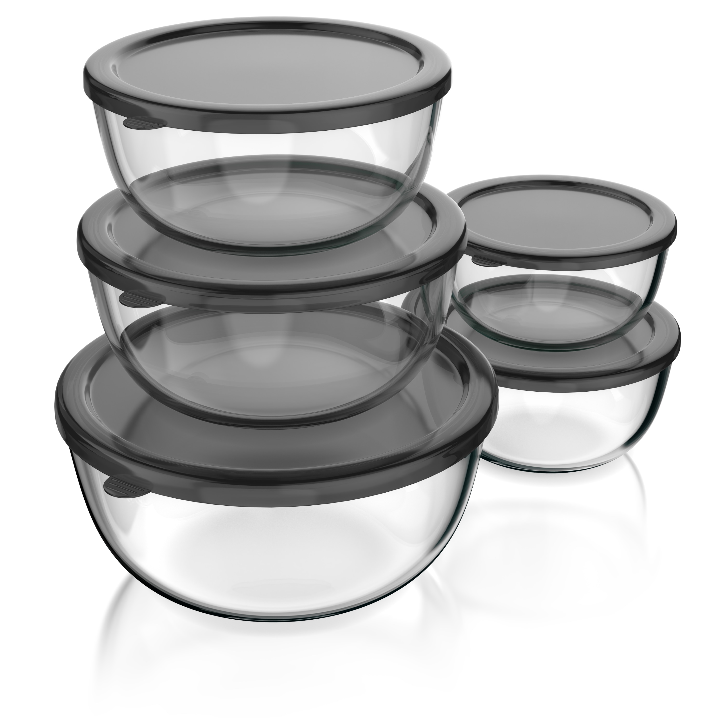 Arendo Salatsch&uuml;ssel, 5x Glassch&uuml;sseln + Deckel 1L, 1,5L, 2L, 2,7L & 4,4L, Glas R&uuml;hrsch&uuml;ssel, transparent/schwarz 