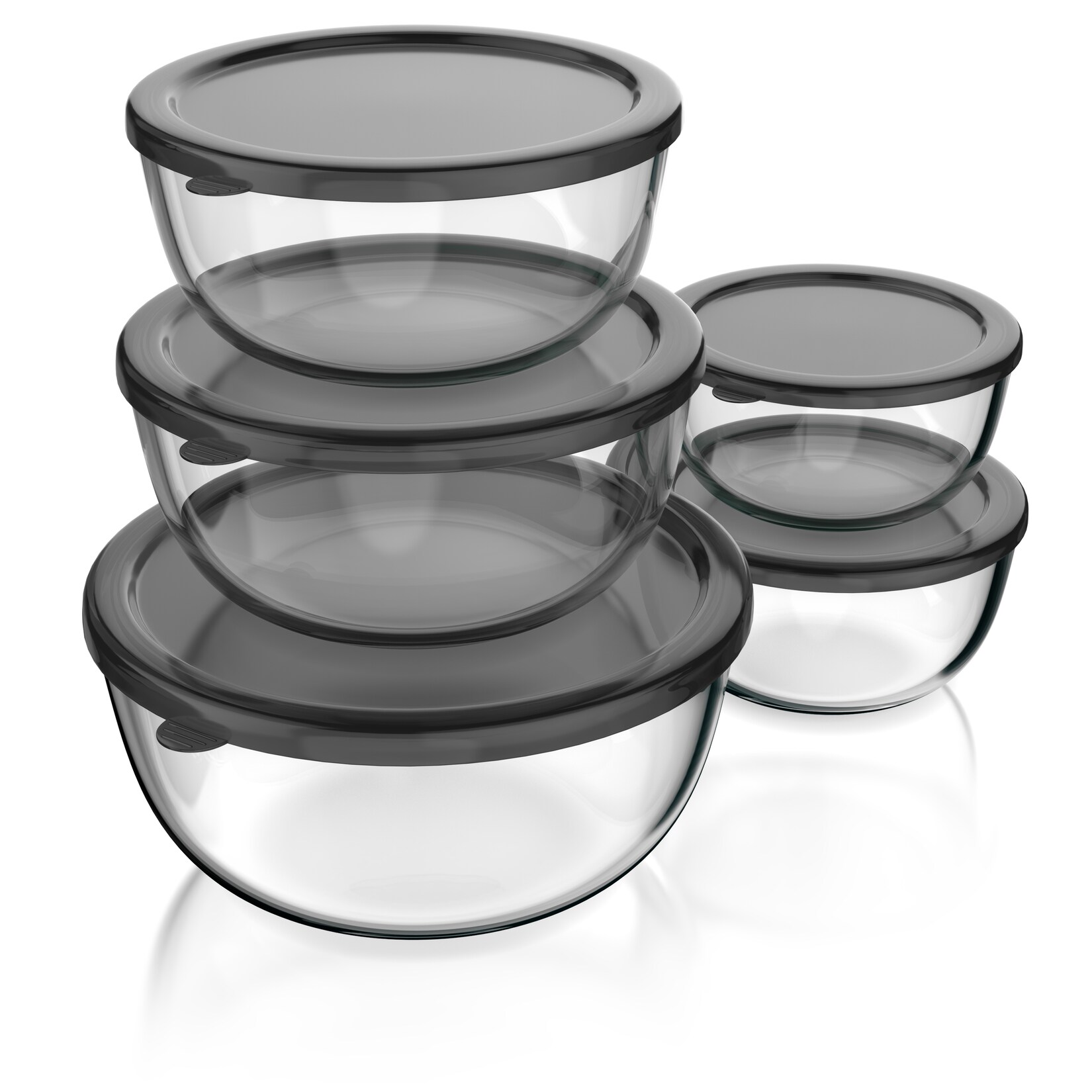 Arendo Salatschüssel, 5x Glasschüsseln + Deckel 1L, 1,5L, 2L, 2,7L & 4,4L, Glas Rührschüssel, transparent/schwarz
