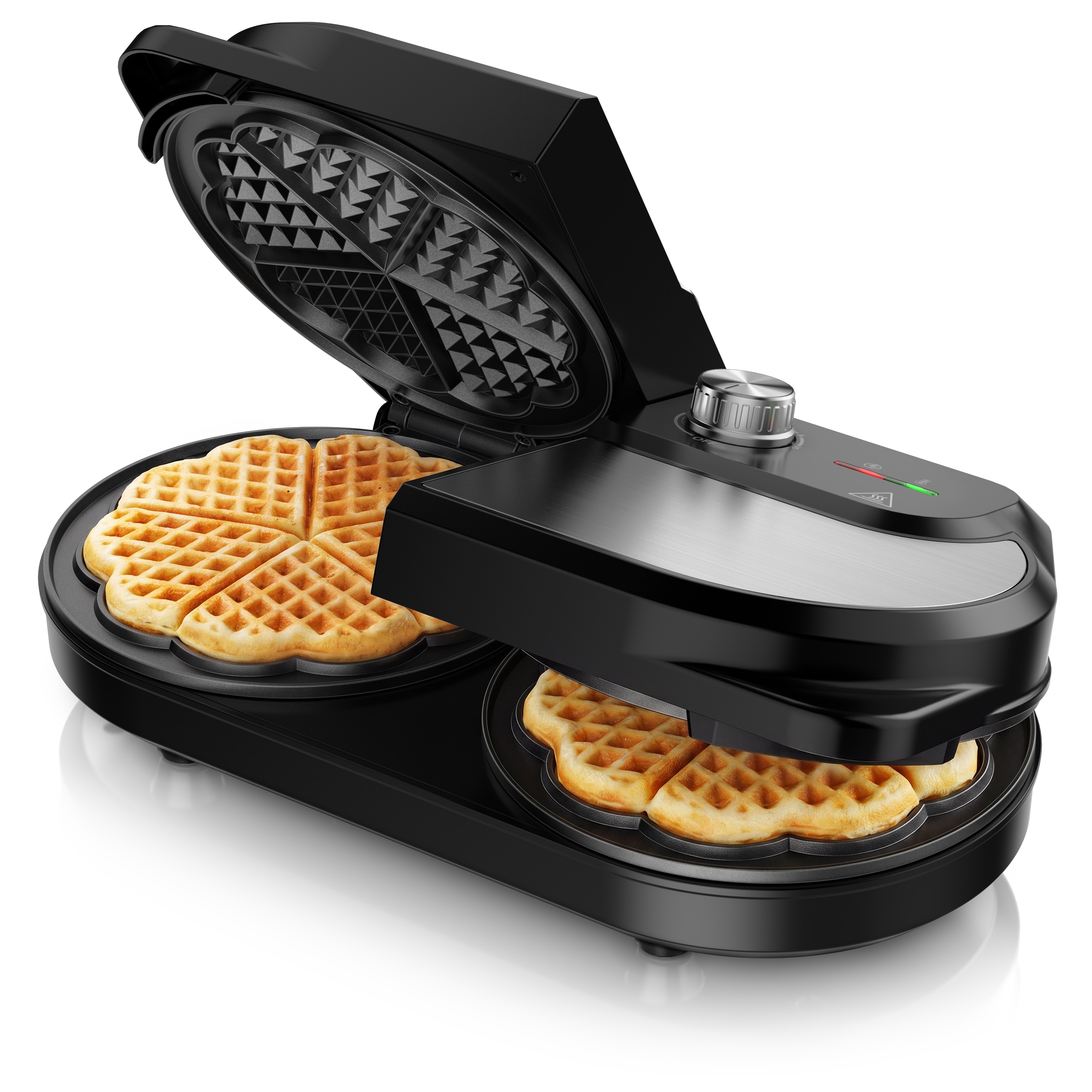 Arendo, Waffeleisen doppelt f&uuml;r 2 Herzwaffeln, 1400 W, Temperaturregler, silber/schwarz 