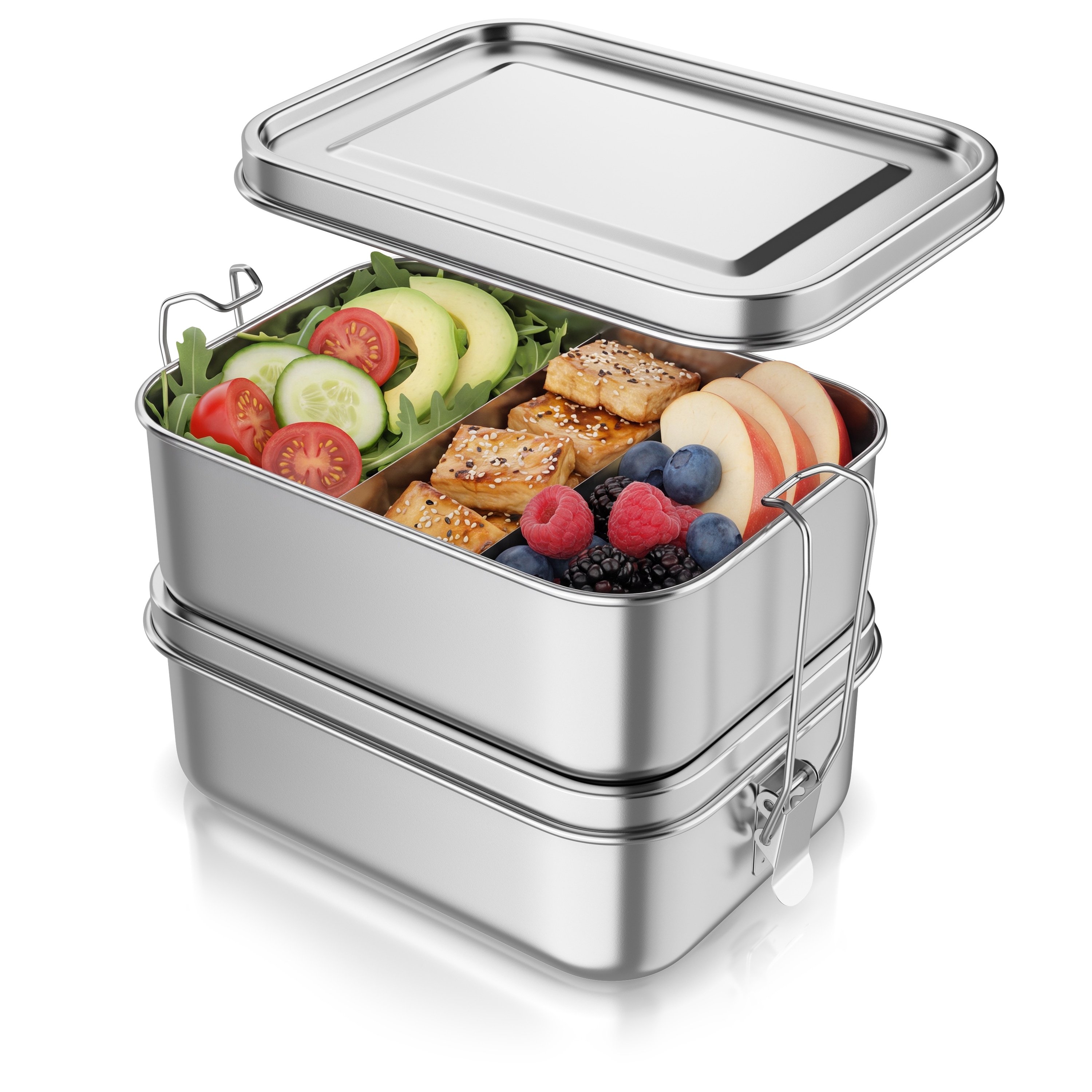 Arendo Lunchbox, Meal Prep Box Edelstahl 1700 ml, 2 Ebenen, 4 Trenneins&auml;tze, Brotdose, edelstahlfarben 