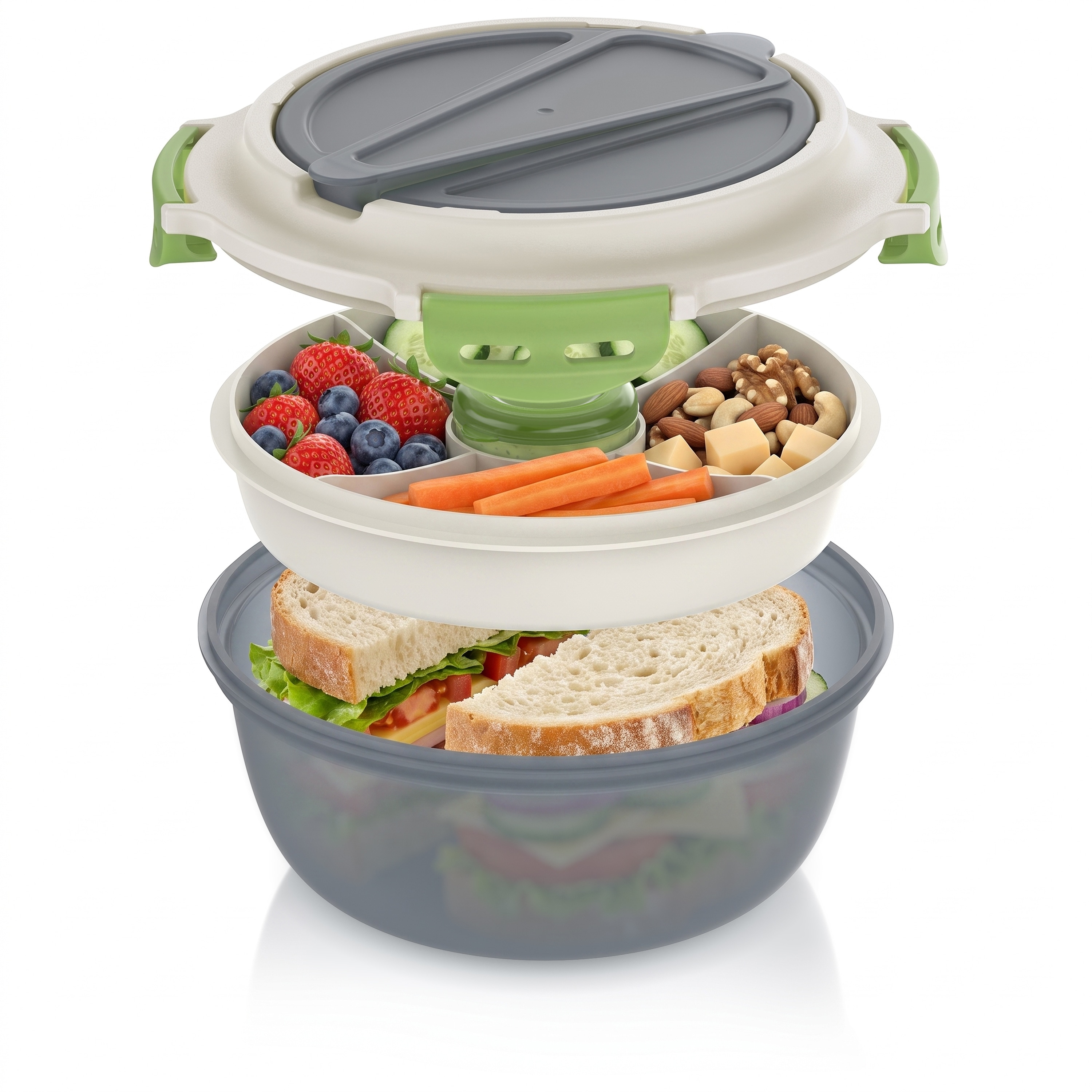 Arendo Lunchbox, Meal Prep Box 1,2l, rund, luftdicht, Brotdose mit Trenntablett & Spork, grau/gr&uuml;n 