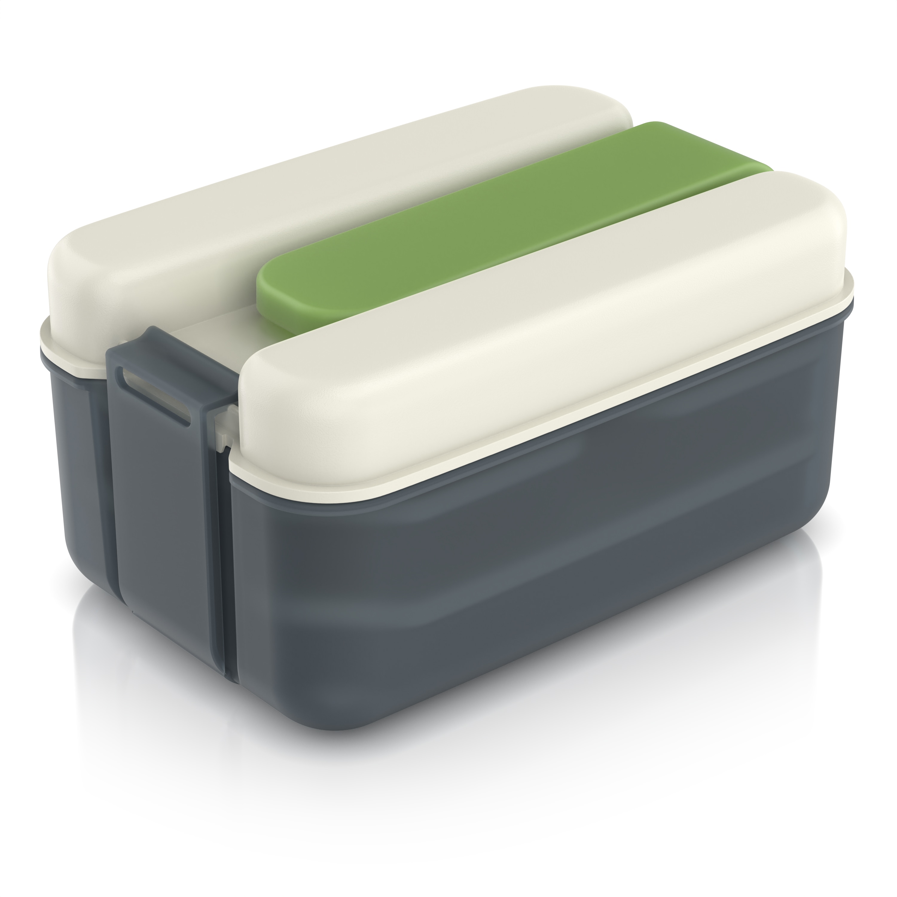 Arendo, Lunchbox 1,2 l mit K&uuml;hlakku, luftdichte Brotdose, 3 Innenboxen & Spork, grau/gr&uuml;n 