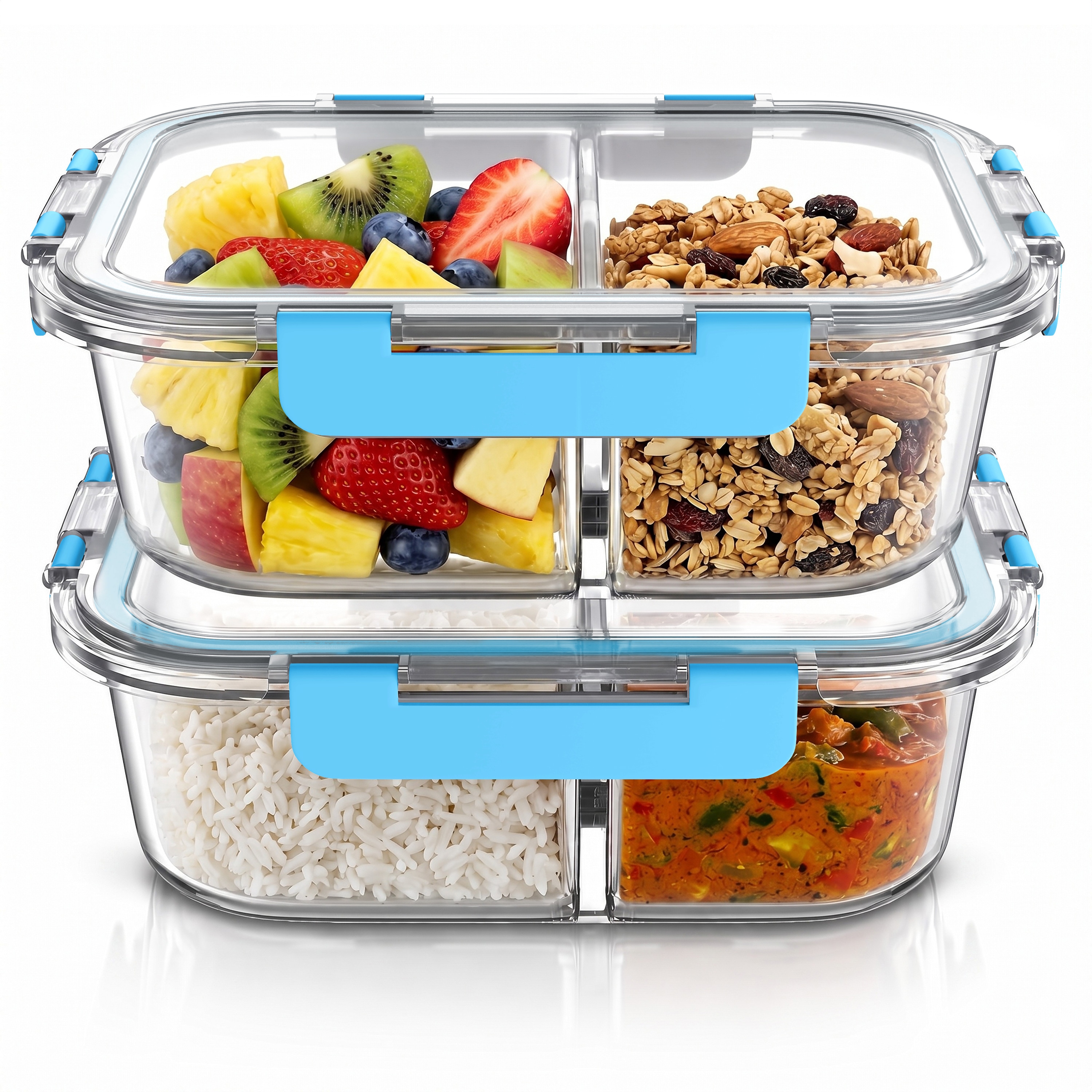 Arendo Frischhaltedose, 2 F&auml;cher, Deckel, 2er Set Glas Vorratsdosen, Lunchboxen, auslaufsicher, transparent/blau 