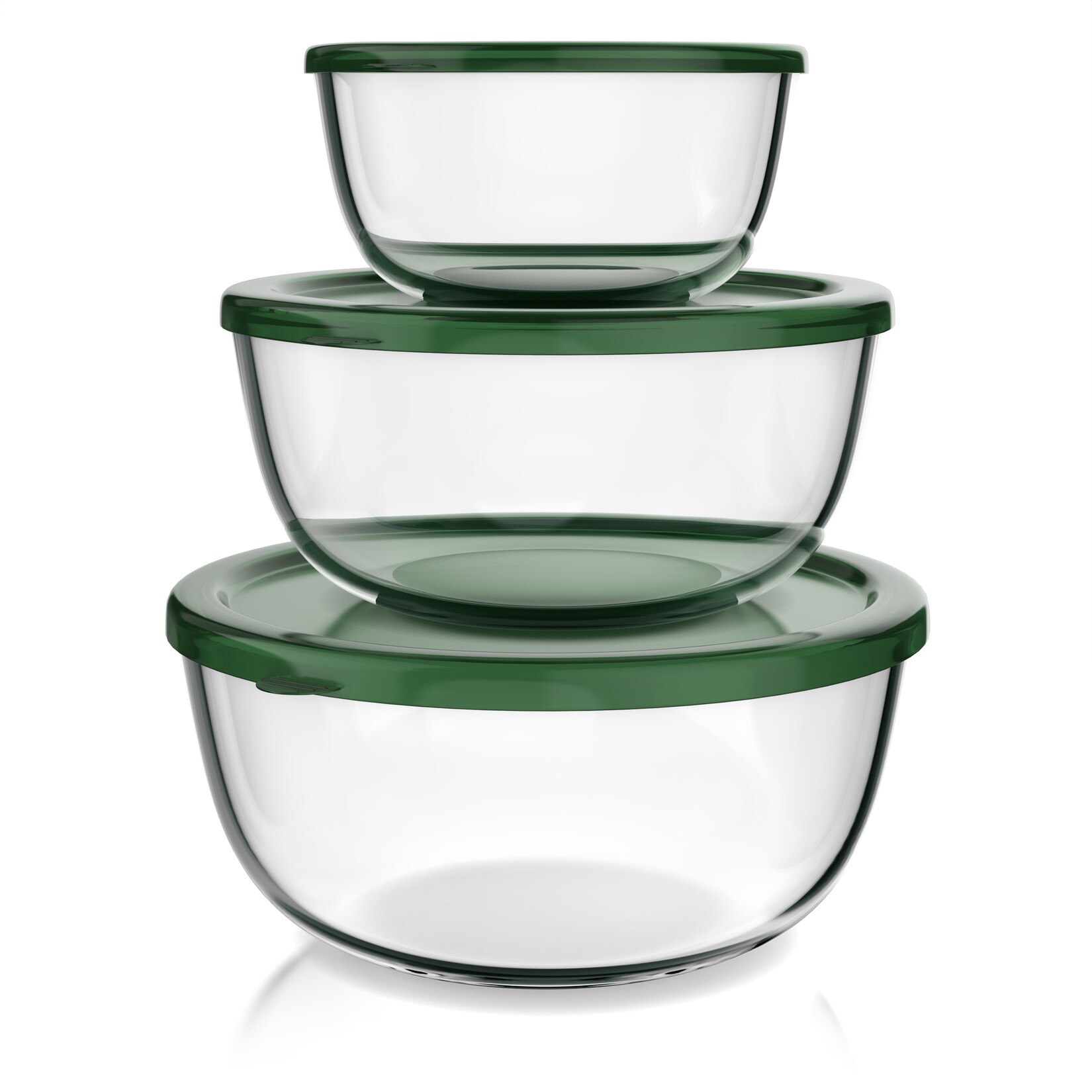 Salatschüssel, 3er Set mit Deckel, Glasschüssel  / 2,7L / 4,4L, Glas Rührschüssel, transparent/dunkelgrün