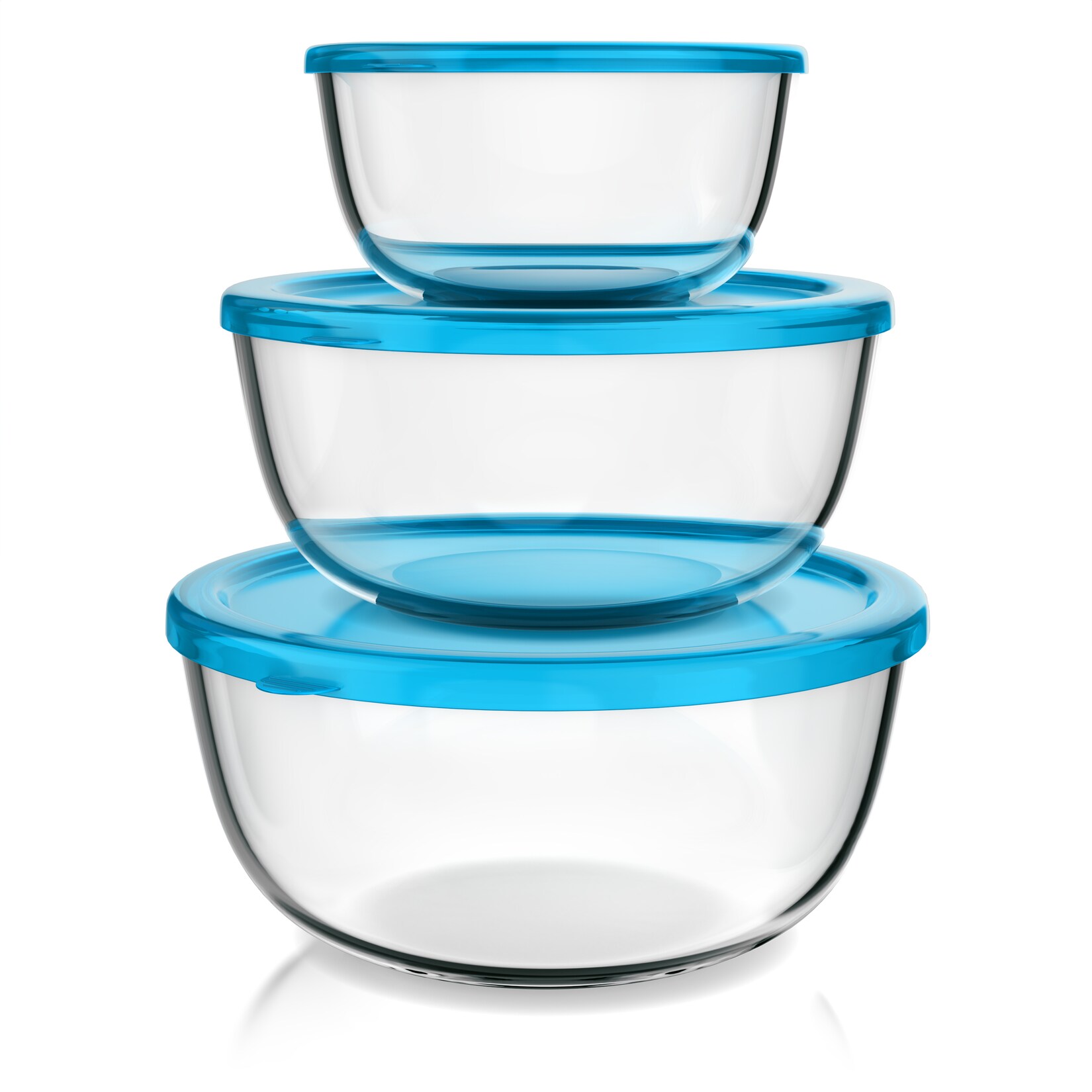 Salatschüssel, 3er Set mit Deckel, Glasschüssel  / 2,7L / 4,4L, Glas Rührschüssel, transparent/blau