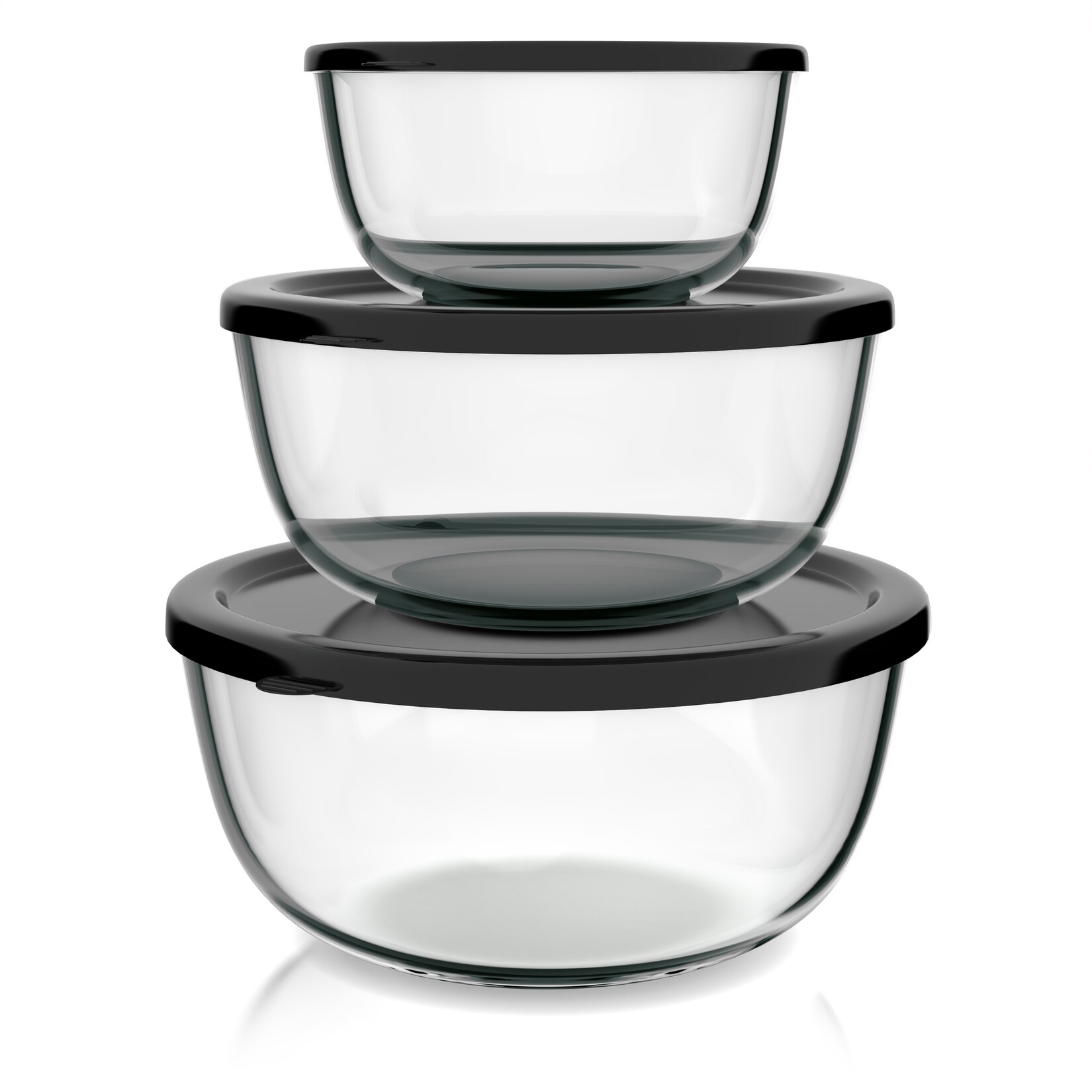 Salatschüssel, 3er Set mit Deckel, Glasschüssel  / 2,7L / 4,4L, Glas Rührschüssel, transparent/schwarz