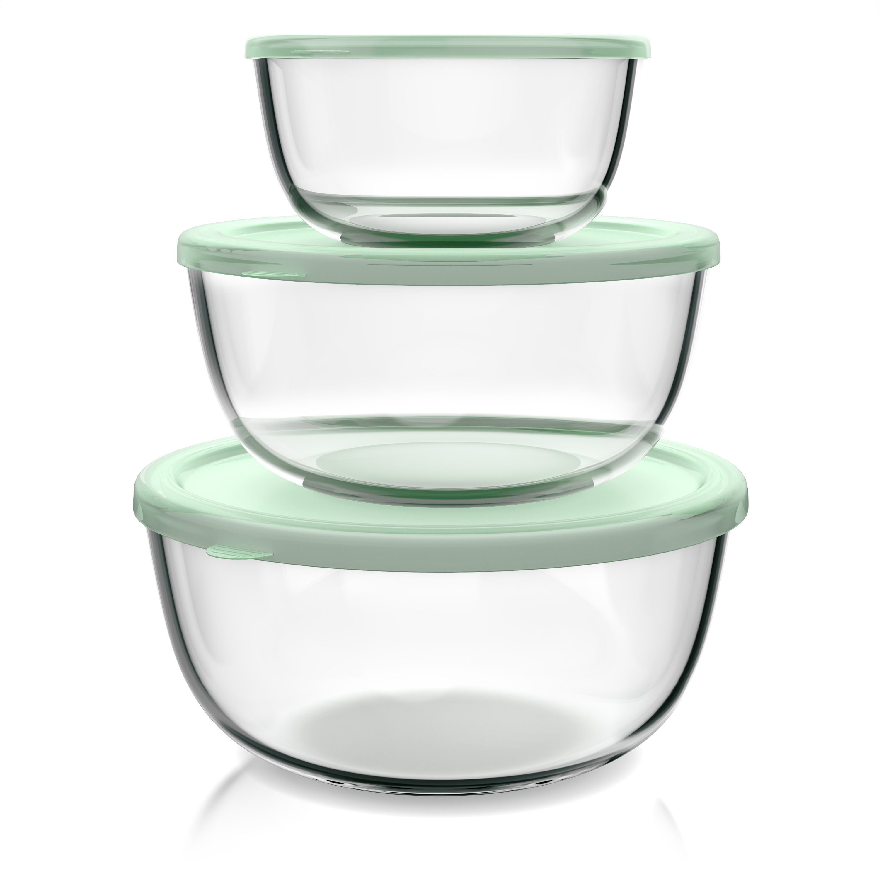 Arendo Salatsch&uuml;ssel, 3er Set mit Deckel, Glassch&uuml;ssel 1,1L / 2,7L / 4,4L, Glas R&uuml;hrsch&uuml;ssel, transparent/mintgr&uuml;n 