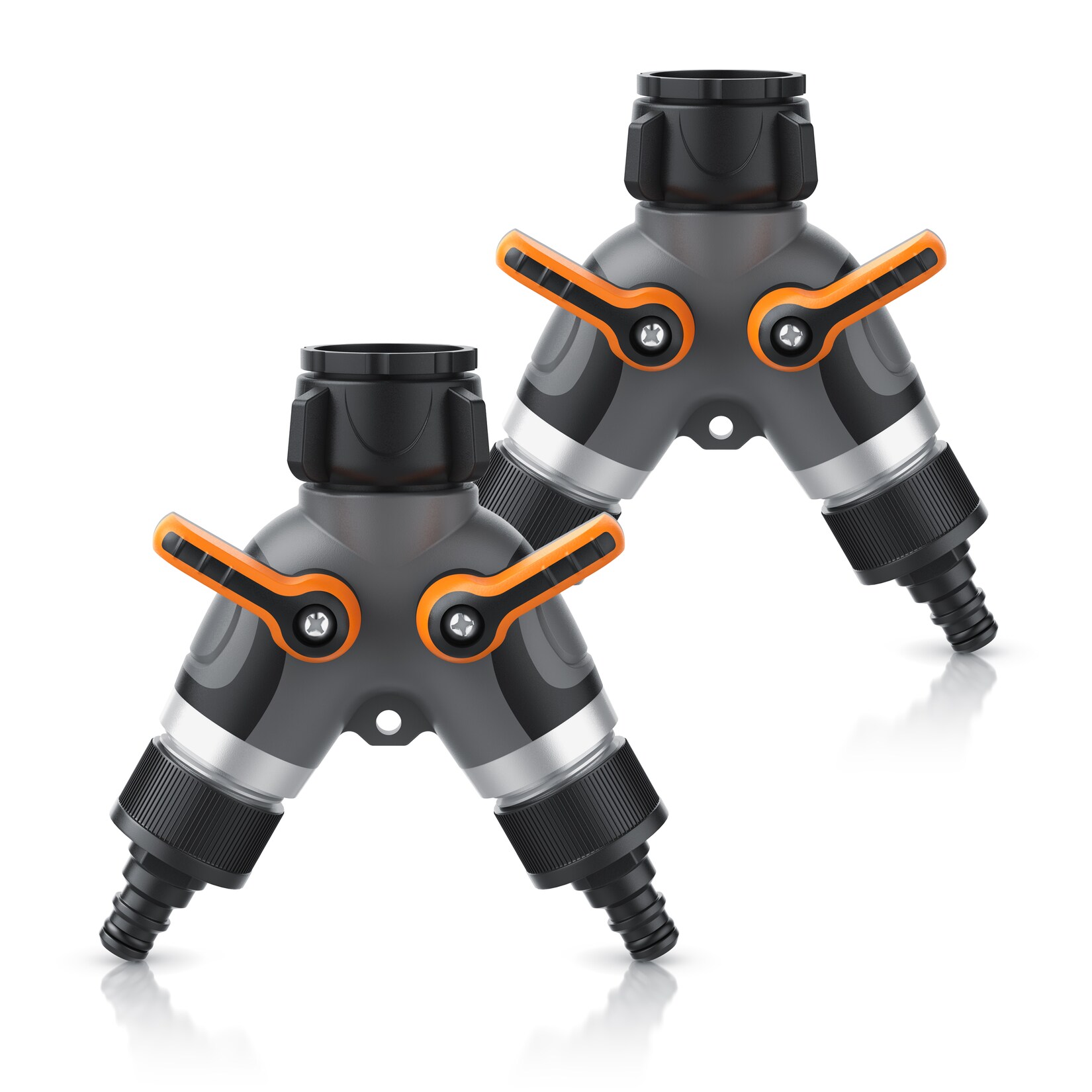 Brandson 2x 2-Wege Verteiler für Gartenschlauch, 3/4 Zoll Wasserverteiler mit 2 regulierbaren Ausgängen, schwarz/orange