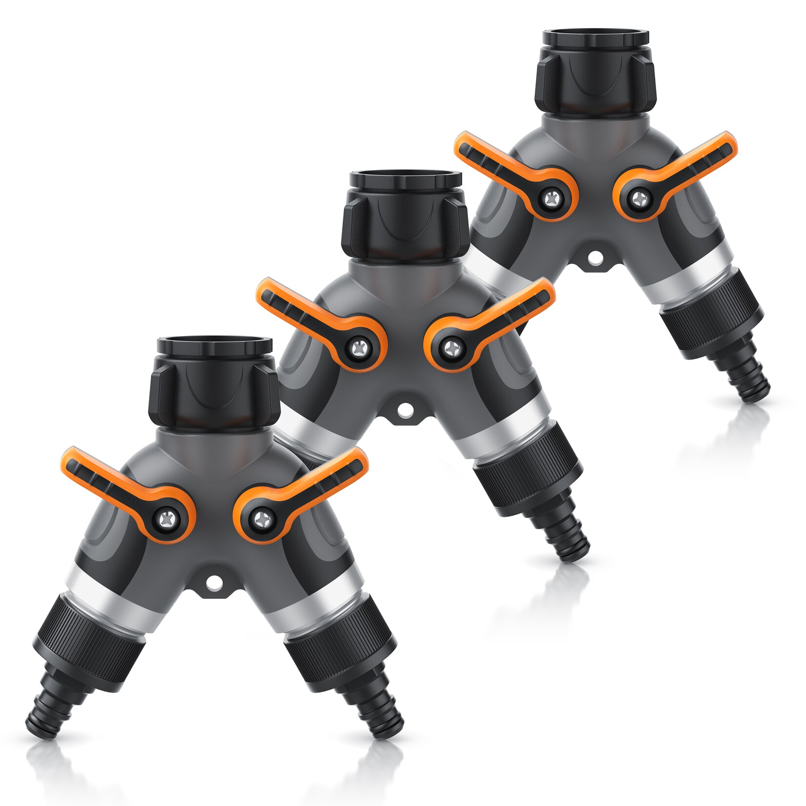 Brandson 3x 2-Wege Verteiler für Gartenschlauch, 3/4 Zoll Wasserverteiler mit 2 regulierbaren Ausgängen, schwarz/orange