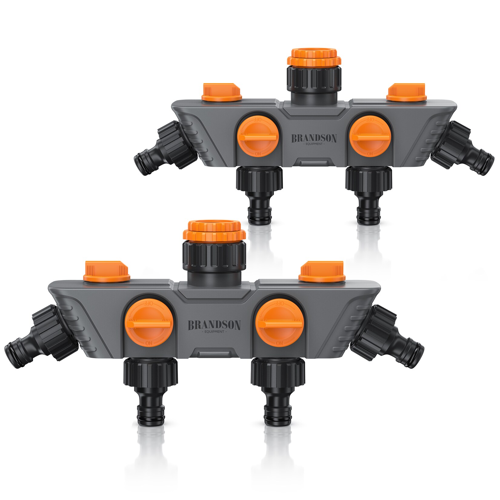Brandson 2x 4-fach Schlauchverteiler mit 45°-Ausgängen, Wasserverteiler 3/4 & 1/2 Zoll, regulierbar, schwarz/orange