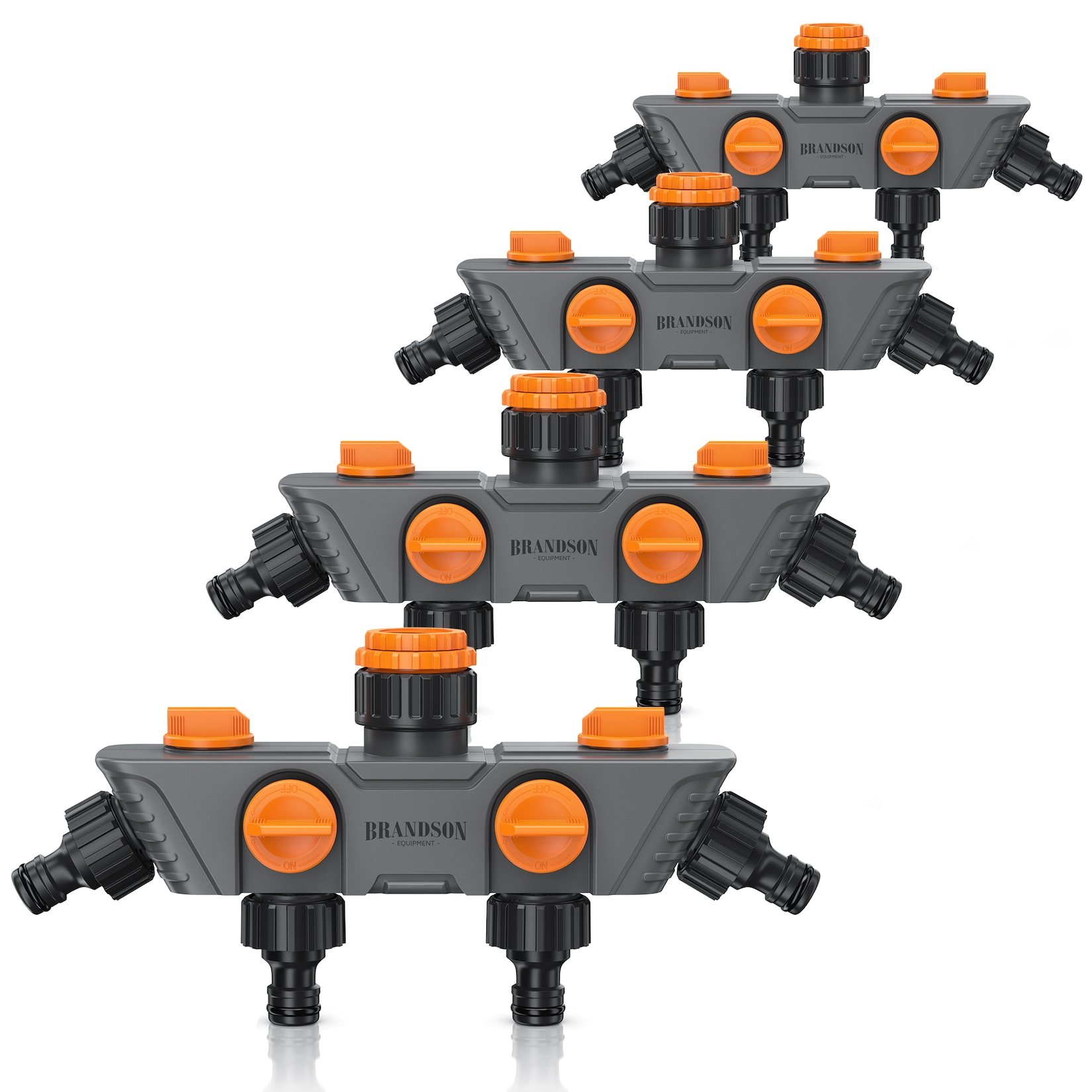 Brandson 4x 4-fach Schlauchverteiler mit 45°-Ausgängen, Wasserverteiler 3/4 & 1/2 Zoll, regulierbar, schwarz/orange