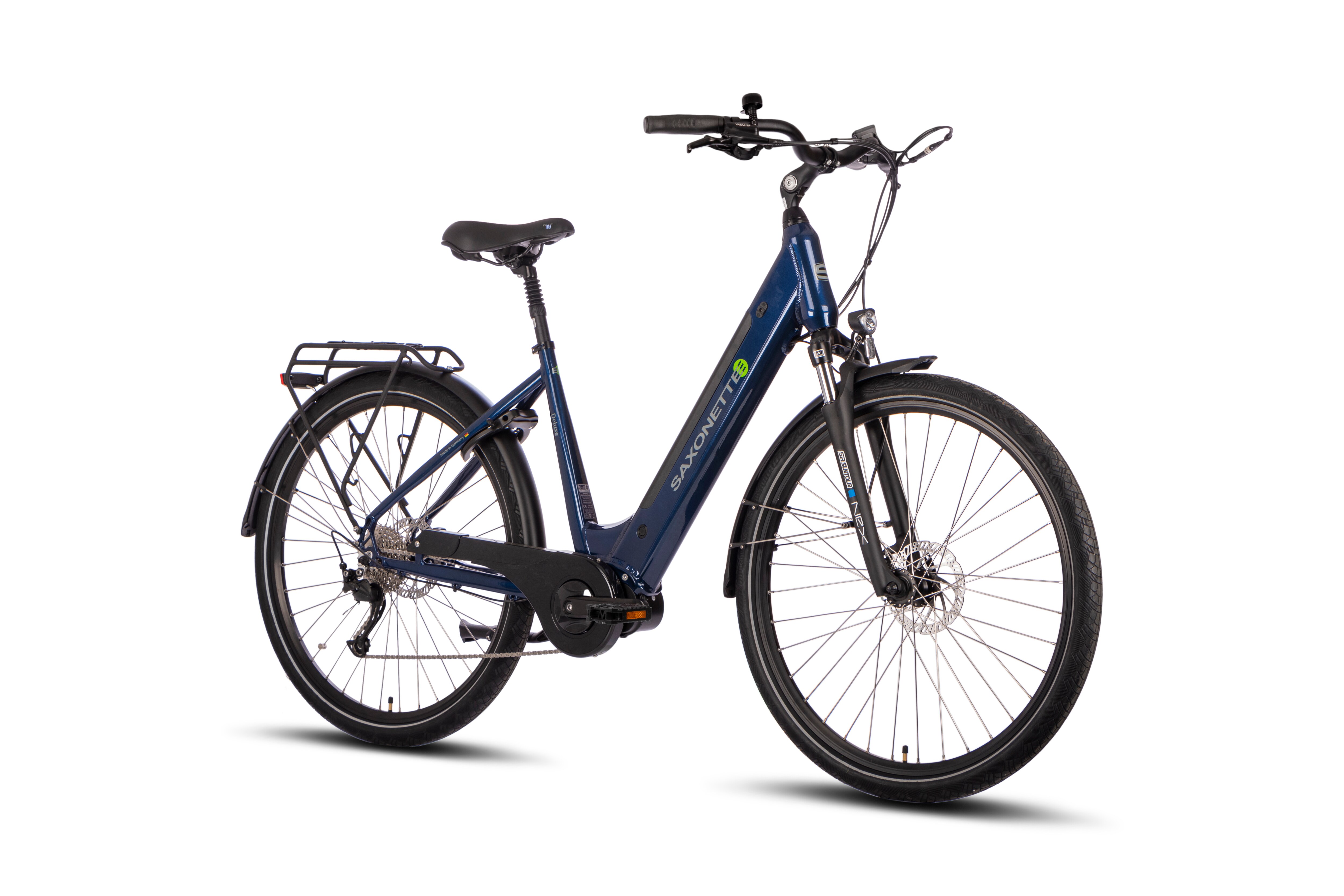 SAXONETTE Deluxe Sport E-Bike Wave 9 Gang Kettenschaltung Federgabel Scheibenbremsen nightblue gl&auml;nzend 