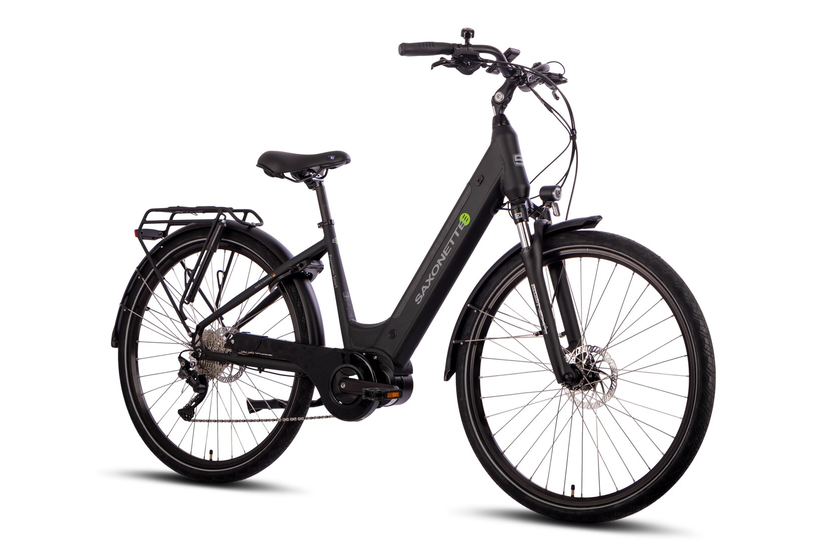 SAXONETTE Premium Sport E-Bike Wave Scheibenbremsen Mittelmotor Federgabel 10 Gang Kettenschaltung schwarz matt