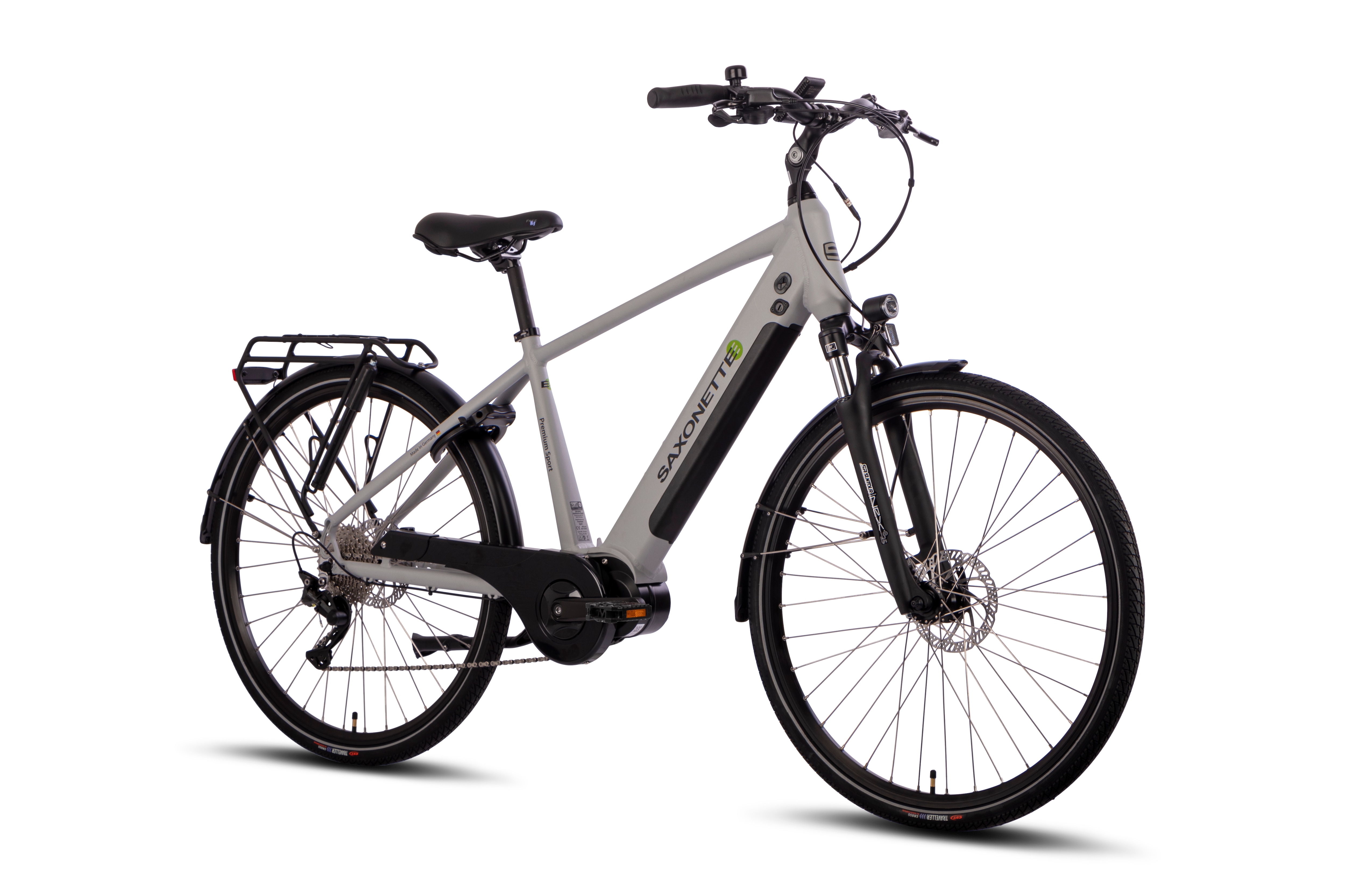 SAXONETTE Premium Sport  E-Trekkingbike 10 Gang Scheibenbremse Federgabel Mittelmotor silber matt 