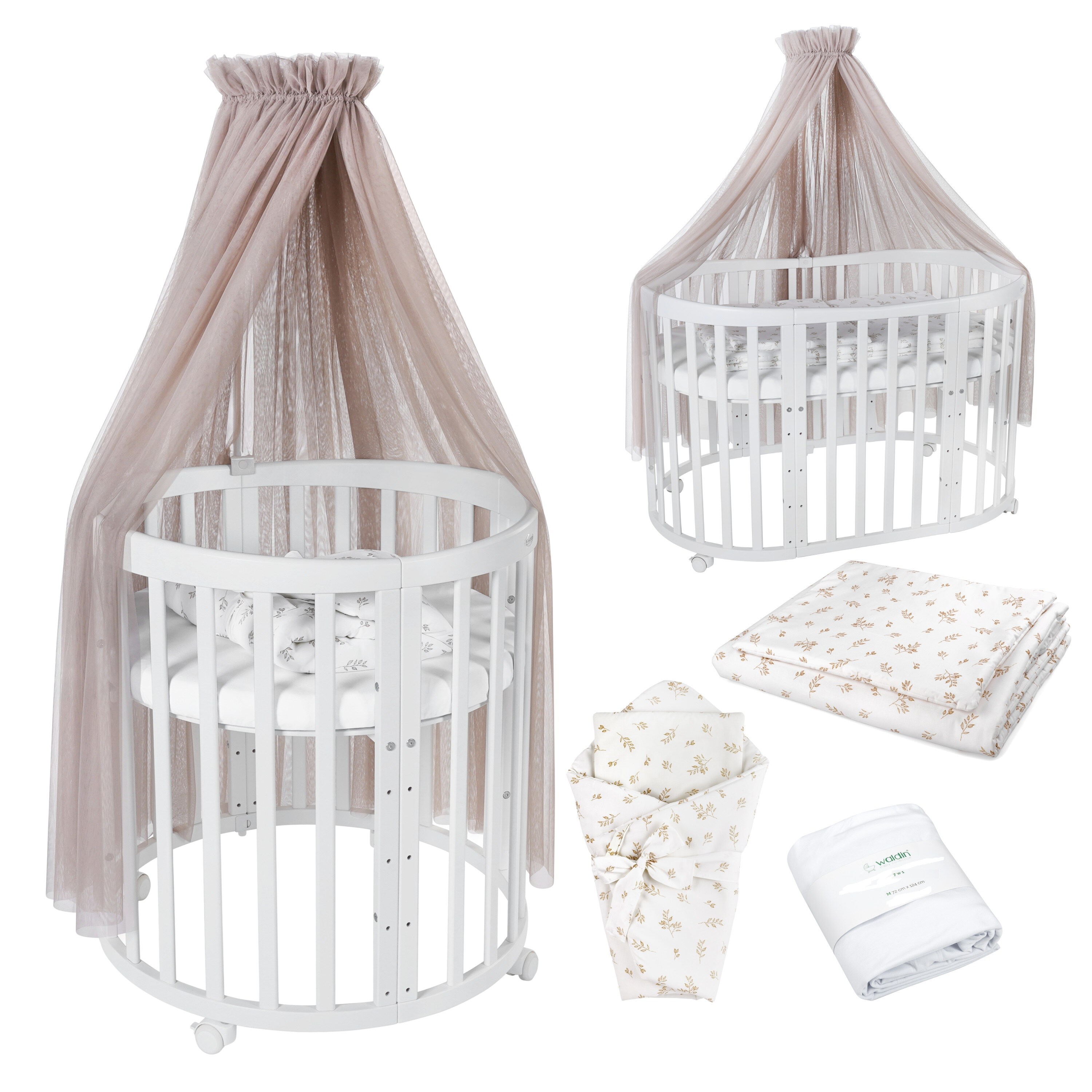 Waldin Babybett OWAL Kinderbett 7in1 mit Matratze, mitwachsendes Kinder-Bett 
