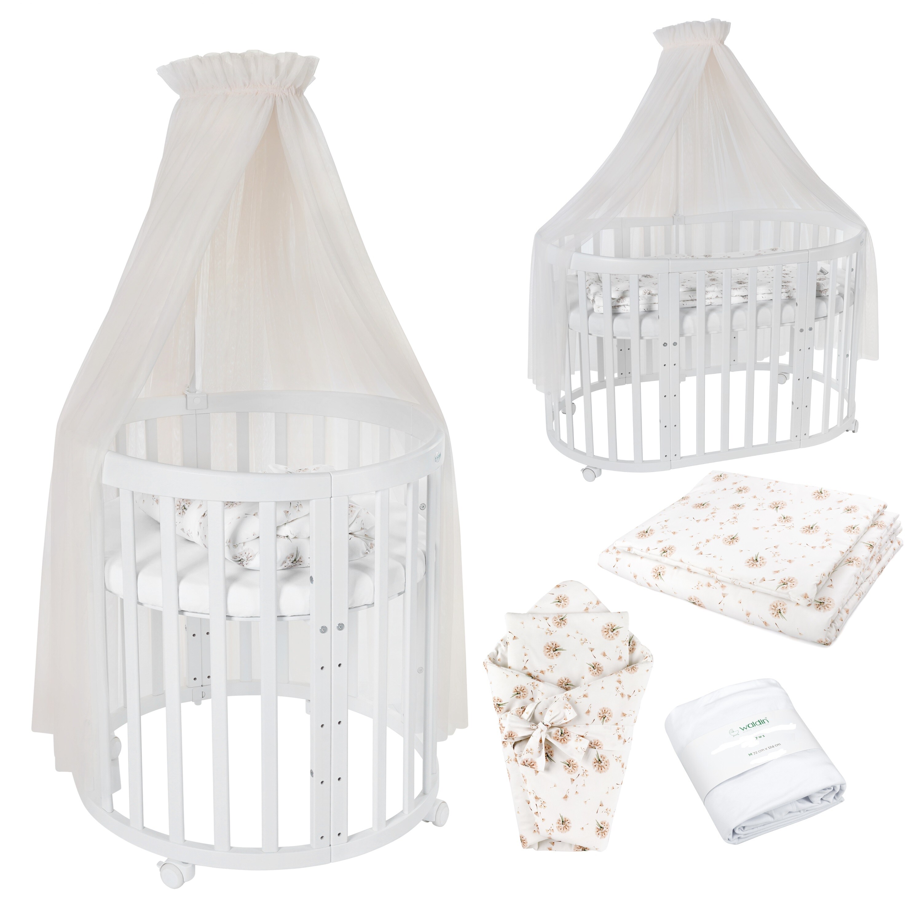 Waldin Babybett OWAL Kinderbett 7in1 mit Matratze, mitwachsendes Kinder-Bett 