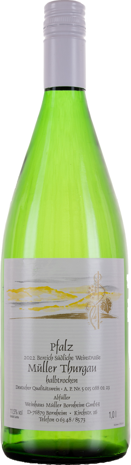 Weinhaus M&uuml;ller Bornheim Pfalz M&uuml;ller Thurgau Wei&szlig;wein halbtrocken 11 % vol. 1 Liter Flasche Anzahl 1 Flasche 