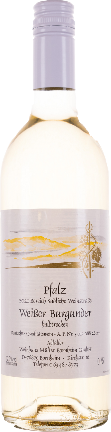 Weinhaus M&uuml;ller Bornheim Pfalz Wei&szlig;er Burgunder Wei&szlig;wein halbtrocken 12 % vol. 0.75 Liter Flasche Anzahl 1 Flasche 