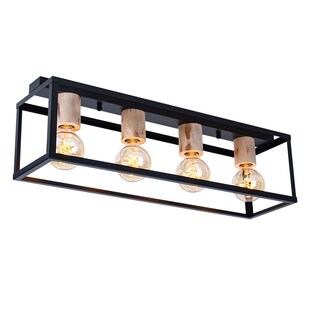 Deckenleuchte, Schwarz, Metall, Holz-Dekor 