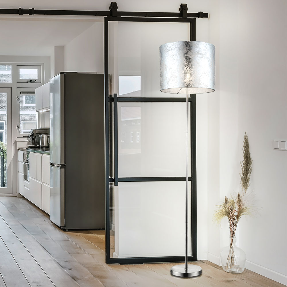 Stehlampe Elegant 160 Cm – Mit Silbernem Textilschirm, Inkl. 9W LED Leuchtmittel, Schalter