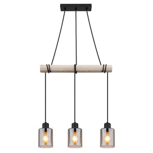 LED Hängeleuchte, Holzbalken, Glas rauchfarben, H 140 cm 