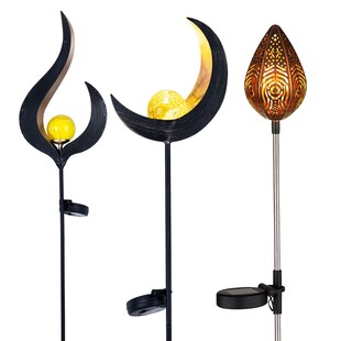 3er Set LED Solarleuchten, 1x Mond, 1x Flamme, 1x Tropfen, H 85-90 cm 