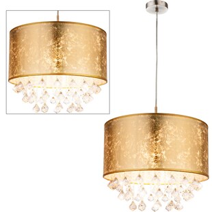 LED Hängeleuchte, Textil gold, Kristalle klar, H 140 cm 