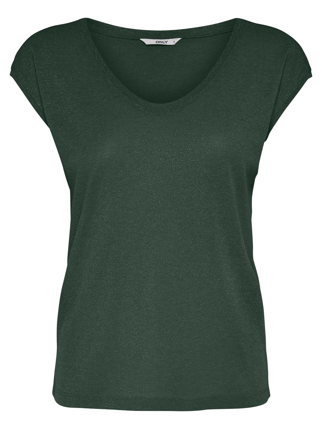 ONLY V-Shirt 'ONLSILVERY S/S V NECK LUREX TOP JRS NOOS' Sycamore, Unifarben, Gr&uuml;n - Gr. XL 