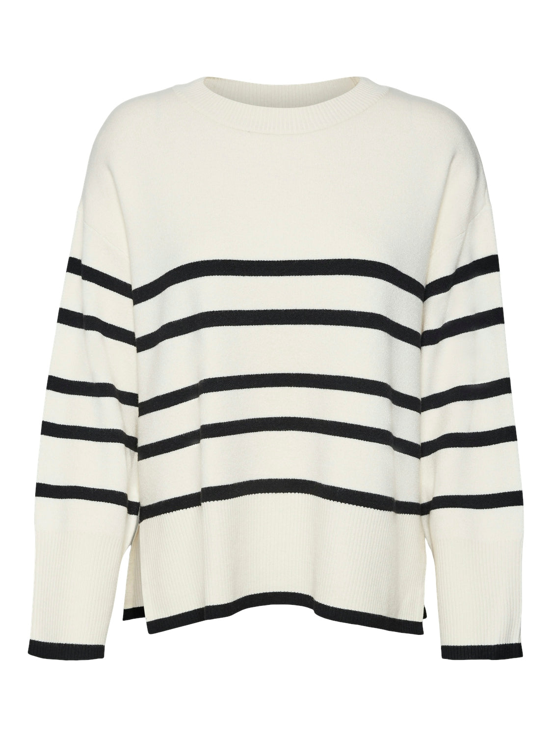 VERO MODA Rundhalspullover 'VMSABA LS O-NECK STRIPE PULLOVER GA NOOS' Birch W BLACK, Gestreift, Wei&szlig; - Gr. M 