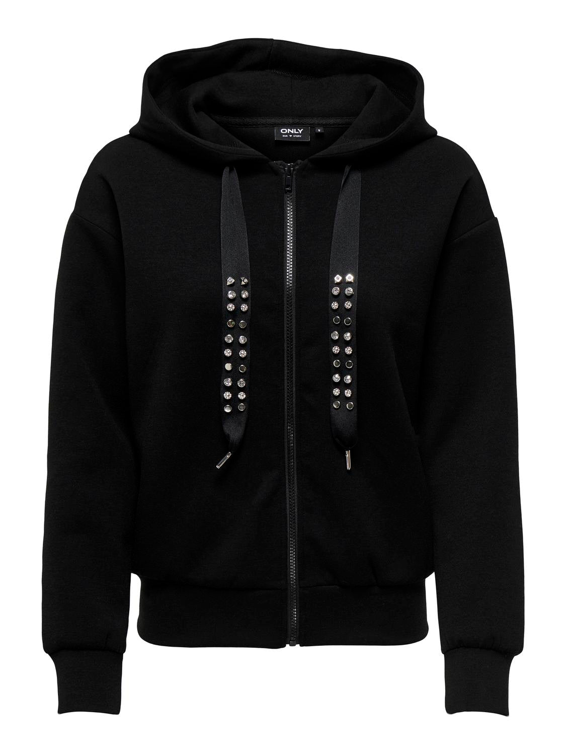 ONLY Sweatjacke 'ONLFANCY L/S ZIP HOOD STRING SWT' Black Studs+rhinestones, Unifarben, Schwarz - Gr. M 