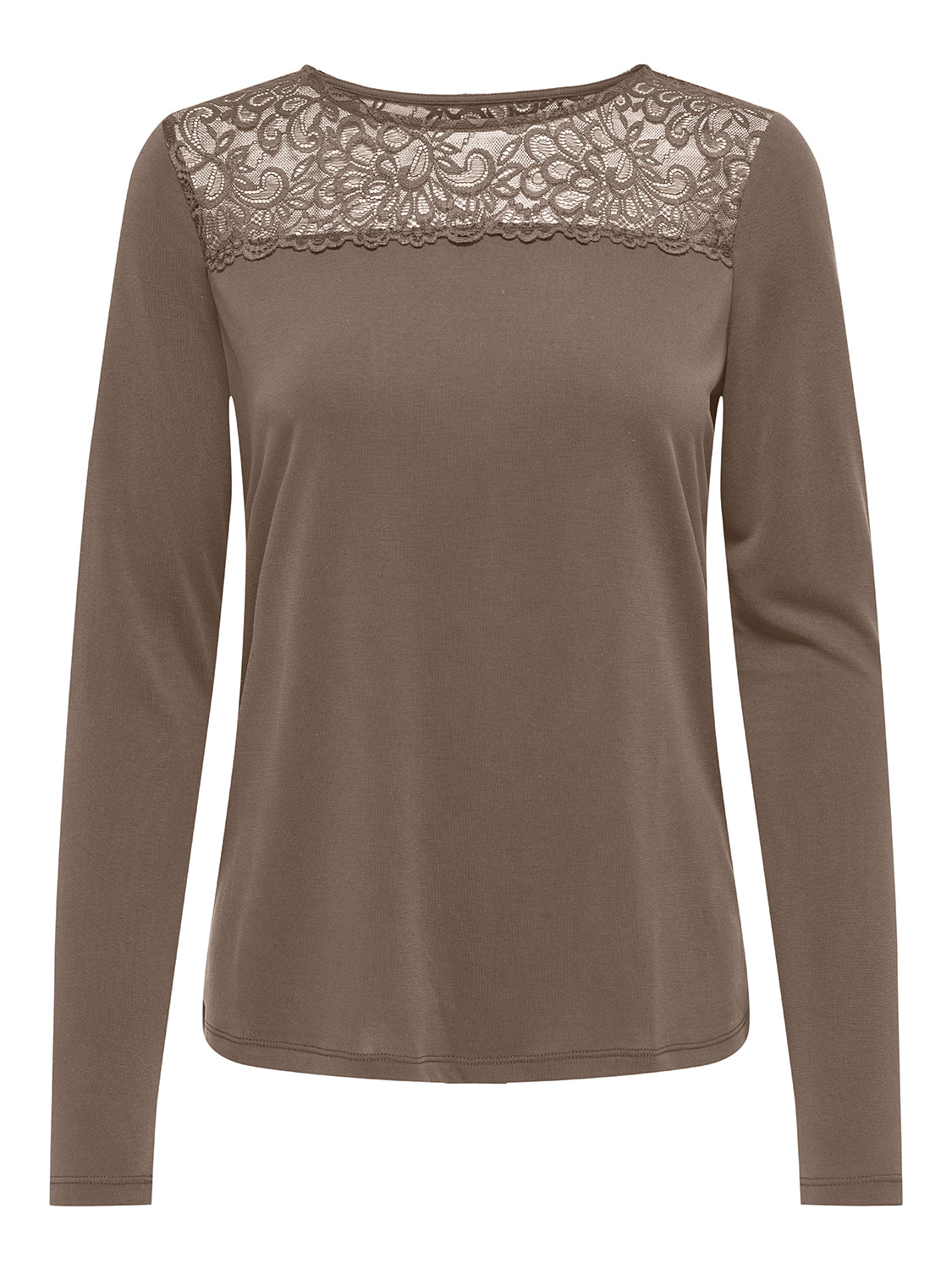 ONLY Langarmshirt 'ONLFREE LIFE L/S O-NECK LACE TOP JRS' Walnut, Unifarben, Braun - Gr. M 