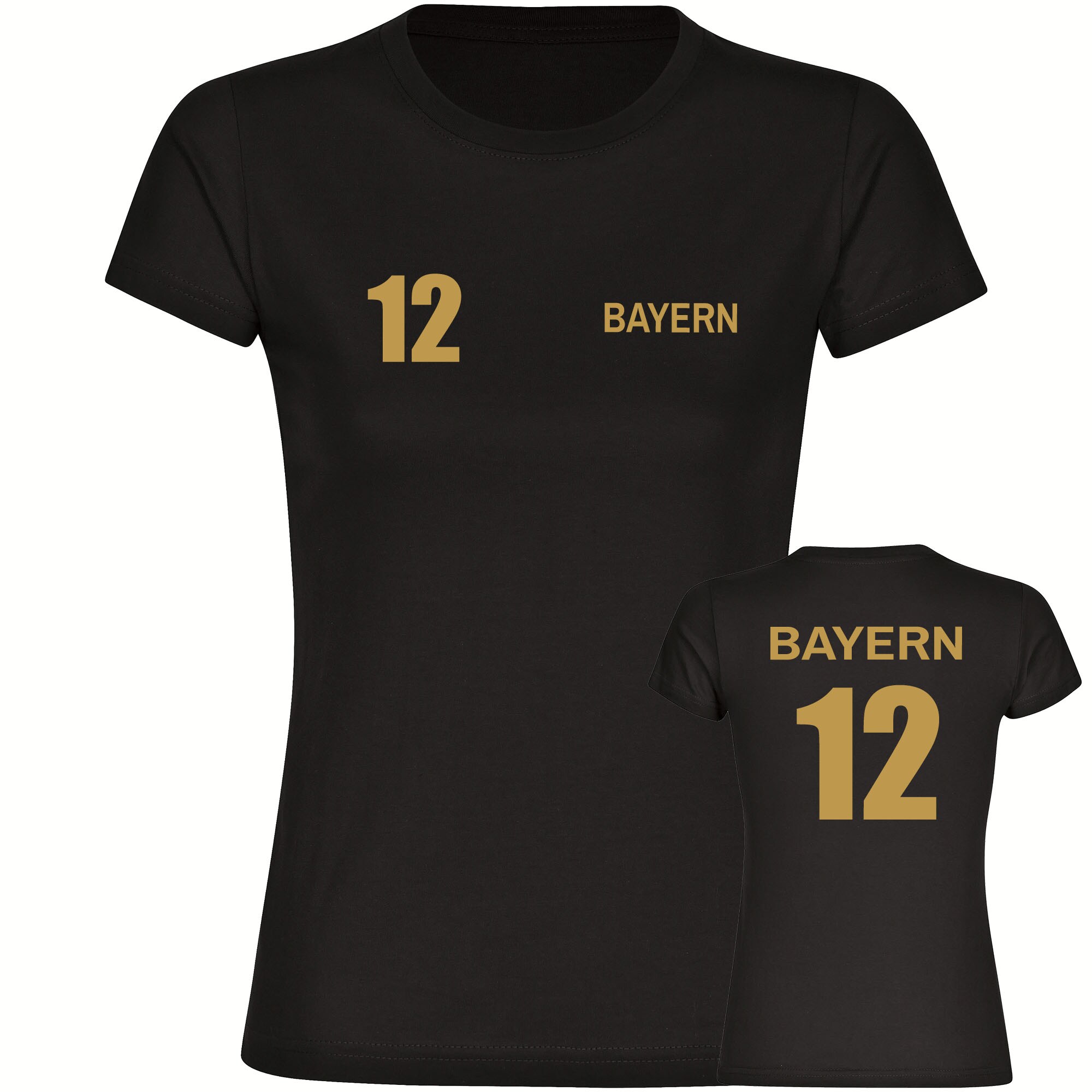 multifanshop Damen T-Shirt - Bayern - Trikot Nummer 12 gold - Druck gold metallic - Frauen 