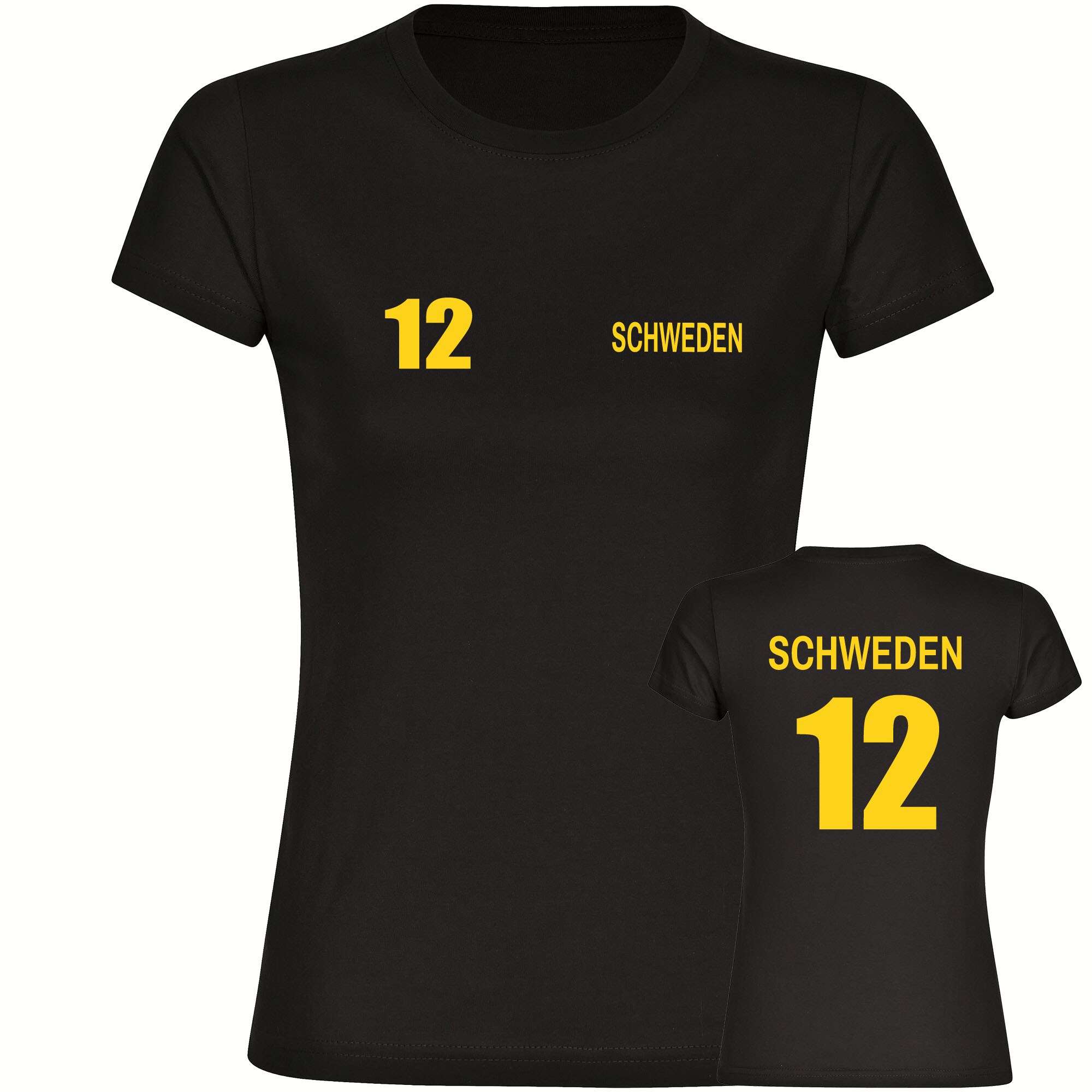 multifanshop Damen T-Shirt - Schweden - Trikot Nummer 12 - Druck gelb - Frauen 