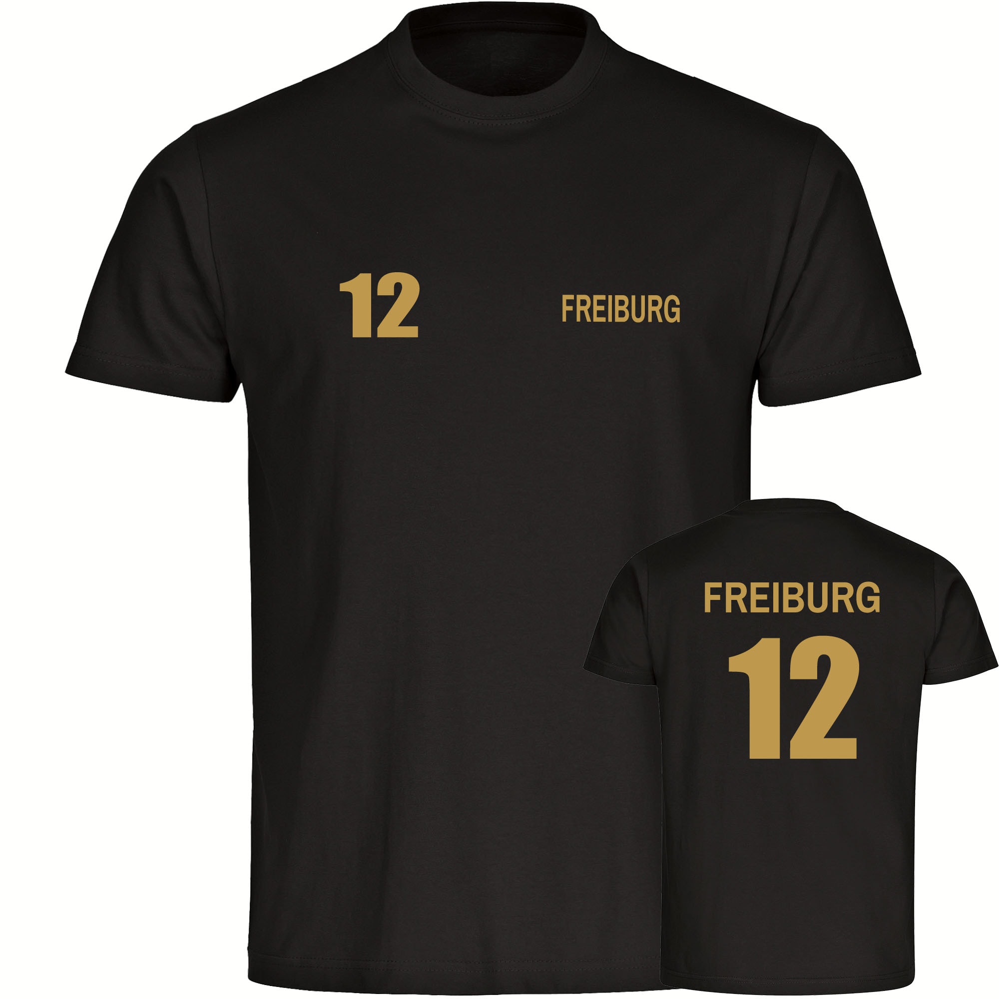 multifanshop Herren T-Shirt - Freiburg - Trikot Nummer 12 gold - Druck gold metallic - M&auml;nner 