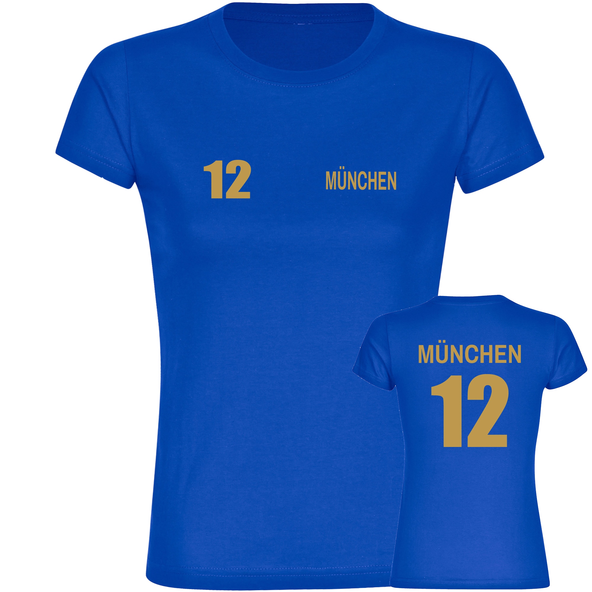 multifanshop Damen T-Shirt - M&uuml;nchen blau - Trikot Nummer 12 gold - Druck gold metallic - Frauen 