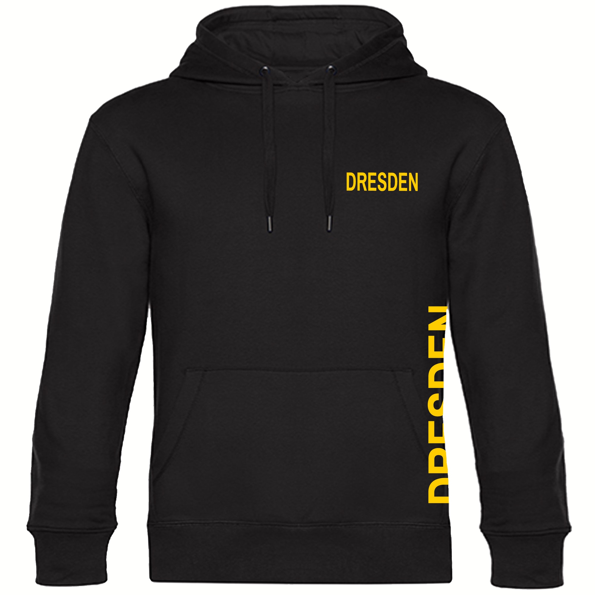 multifanshop Kapuzen Sweatshirt - Dresden - Brust & Seite - Druck gelb - Hoodie 