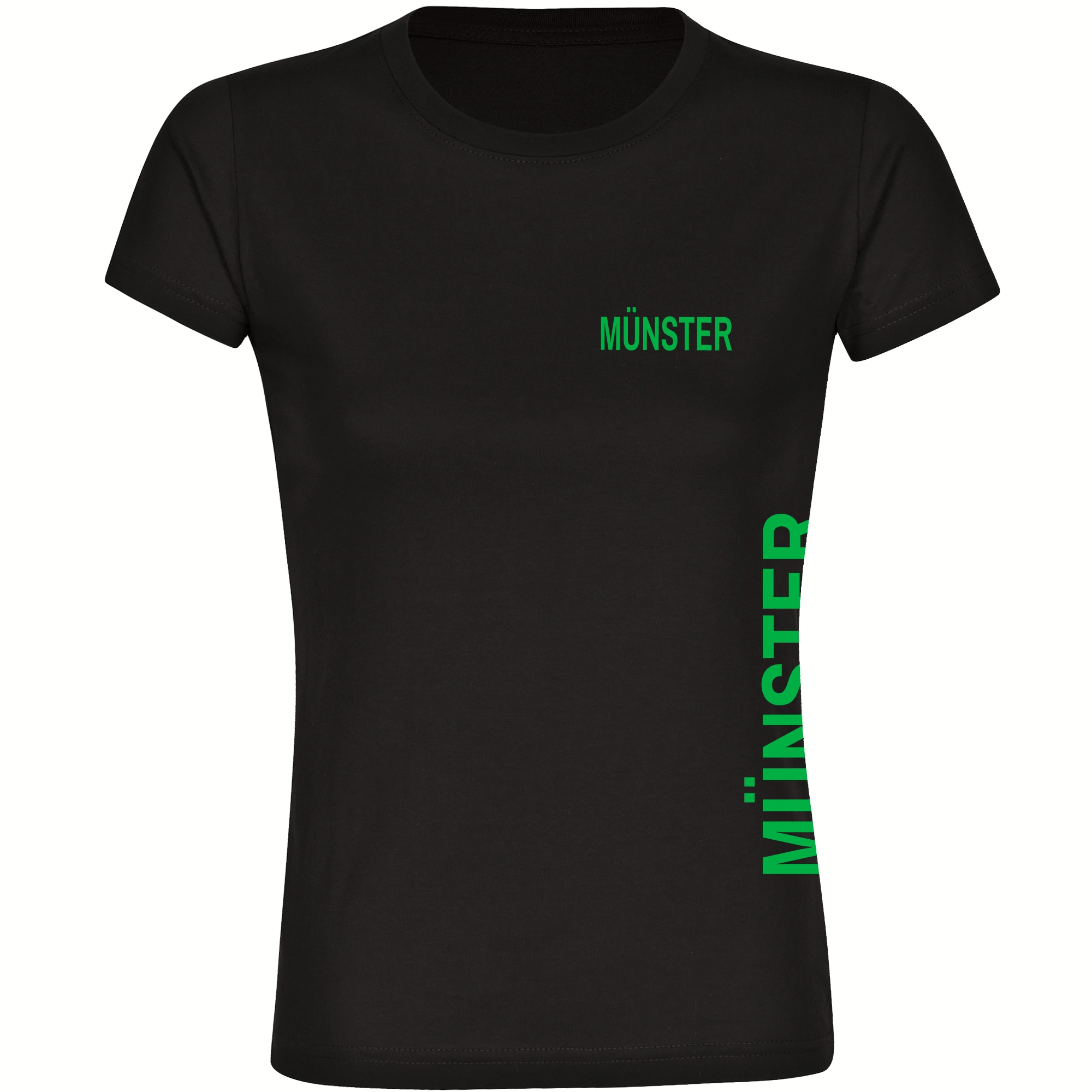 multifanshop Damen T-Shirt - M&uuml;nster - Brust & Seite - Druck gr&uuml;n - Frauen 