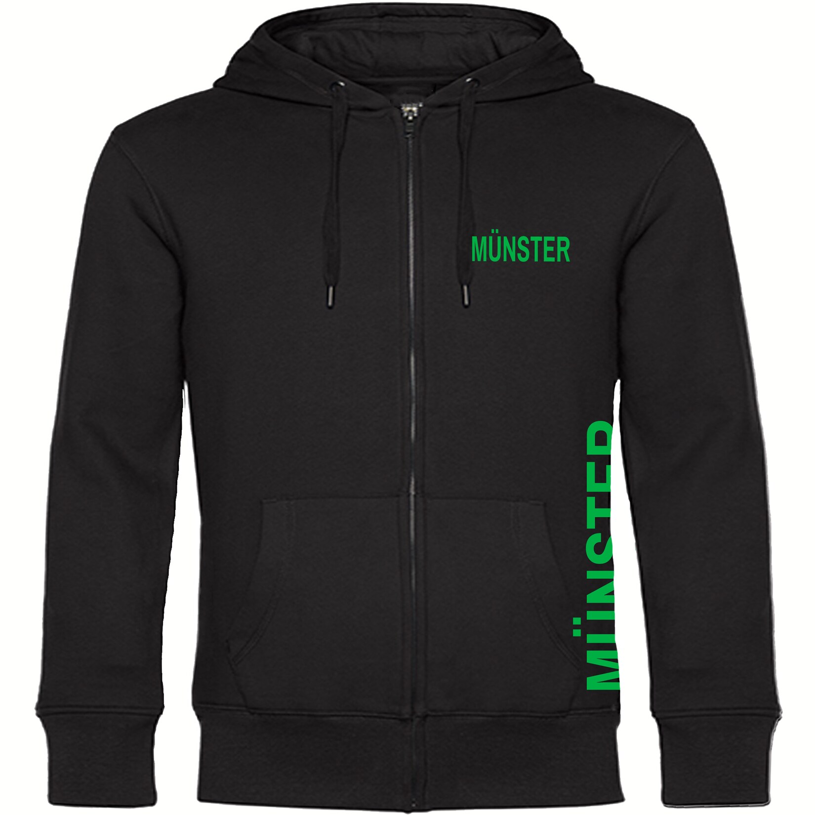 Kapuzen Sweatshirt Jacke - Münster - Brust & Seite - Druck grün - Sweat