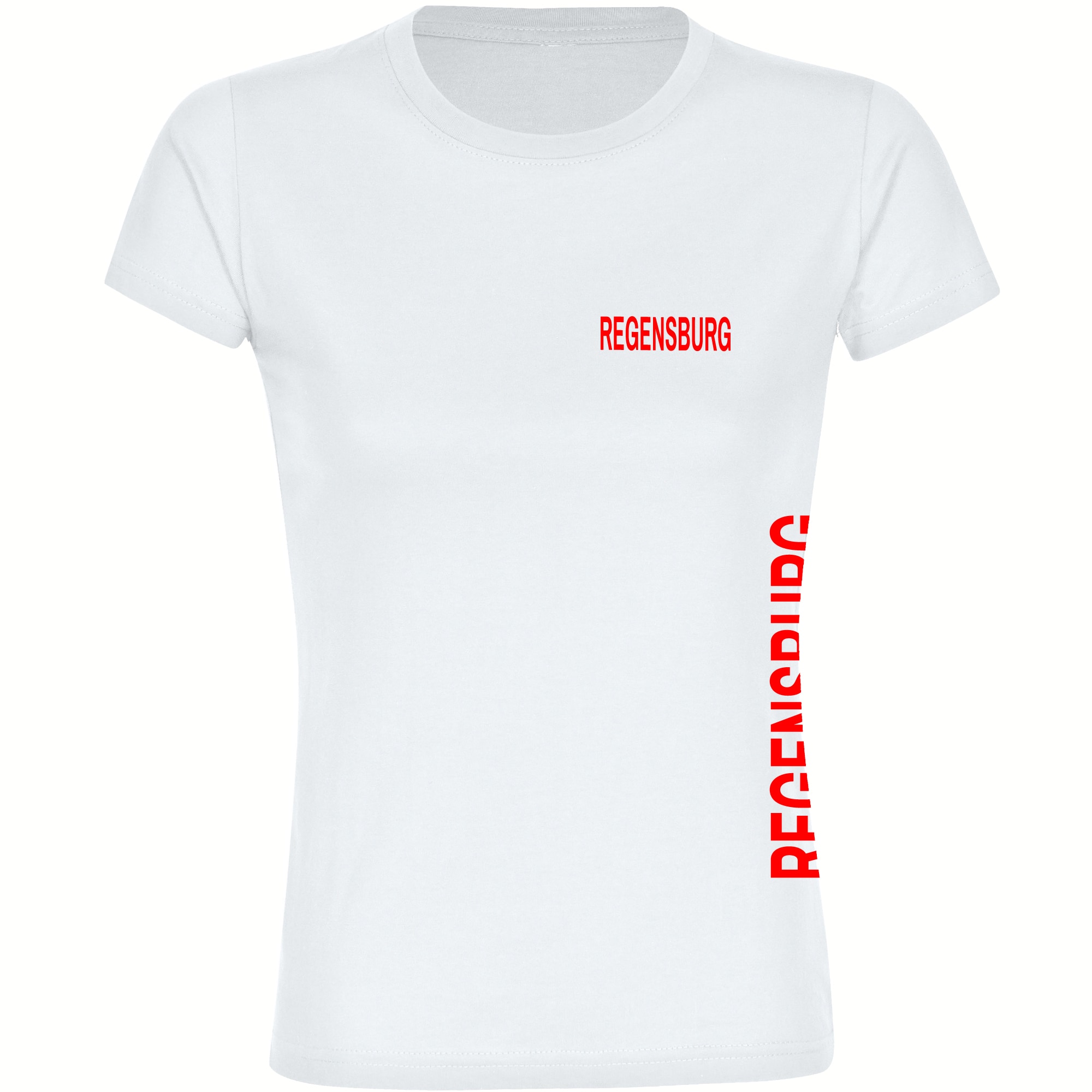 multifanshop Damen T-Shirt - Regensburg - Brust & Seite - Druck rot - Frauen 